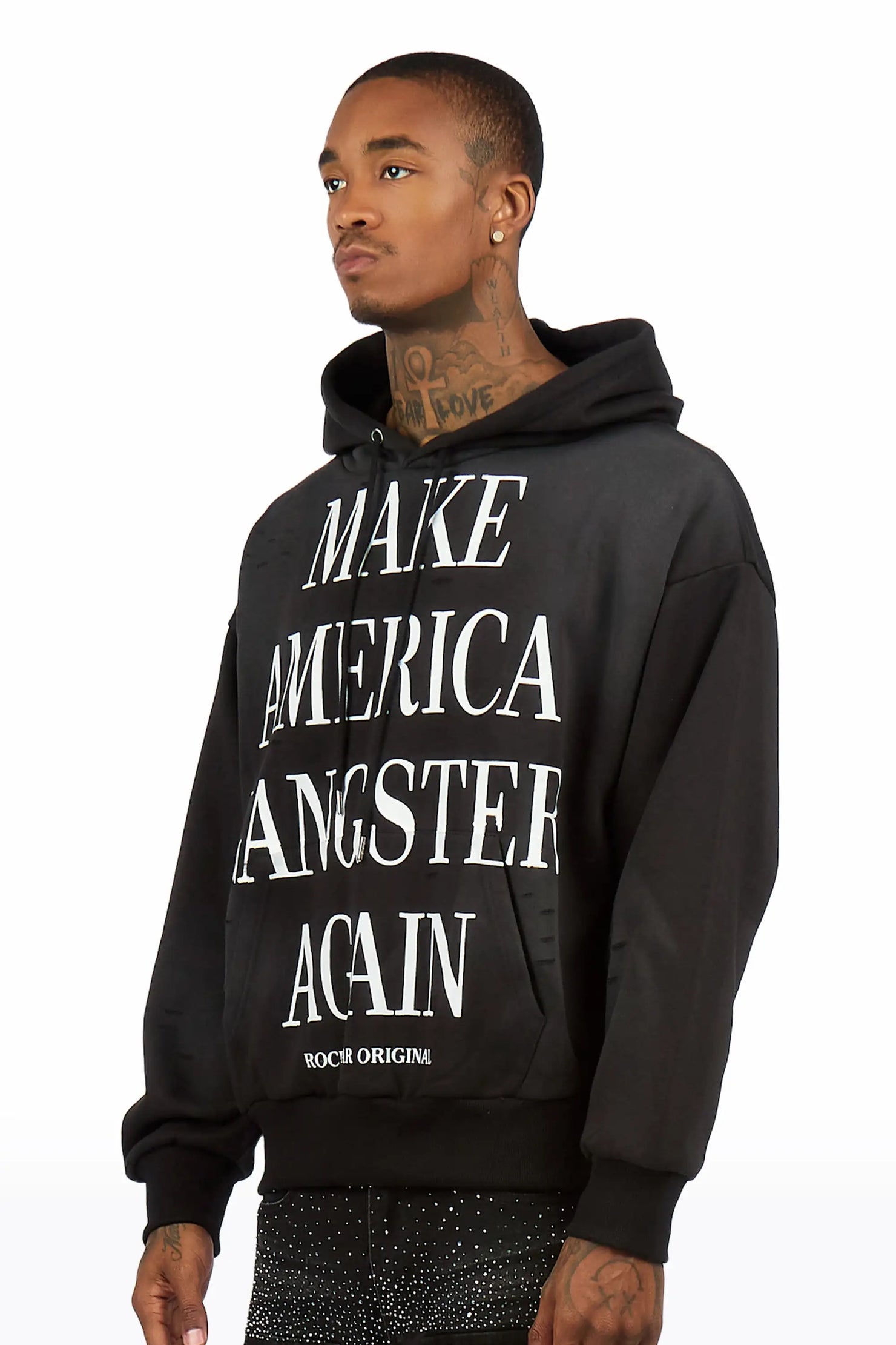 Drako Black Graphic Distressed Relaxed Hoodie