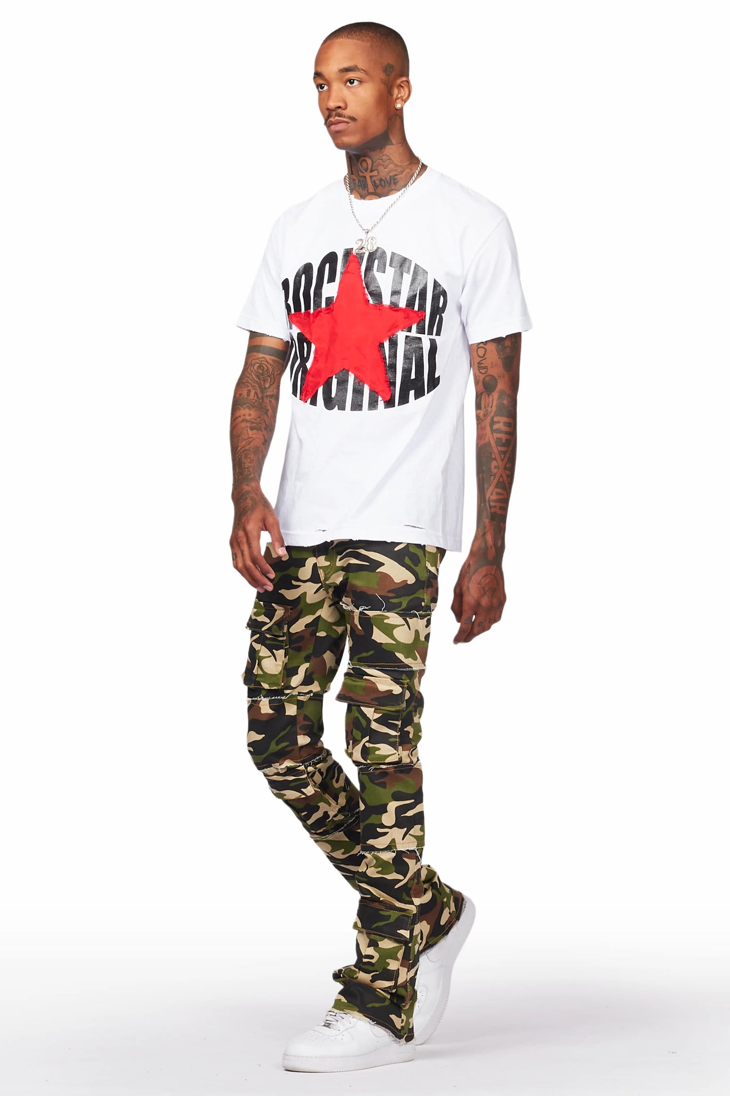 Duggar Green Camo Cargo Stacked Flare Jean