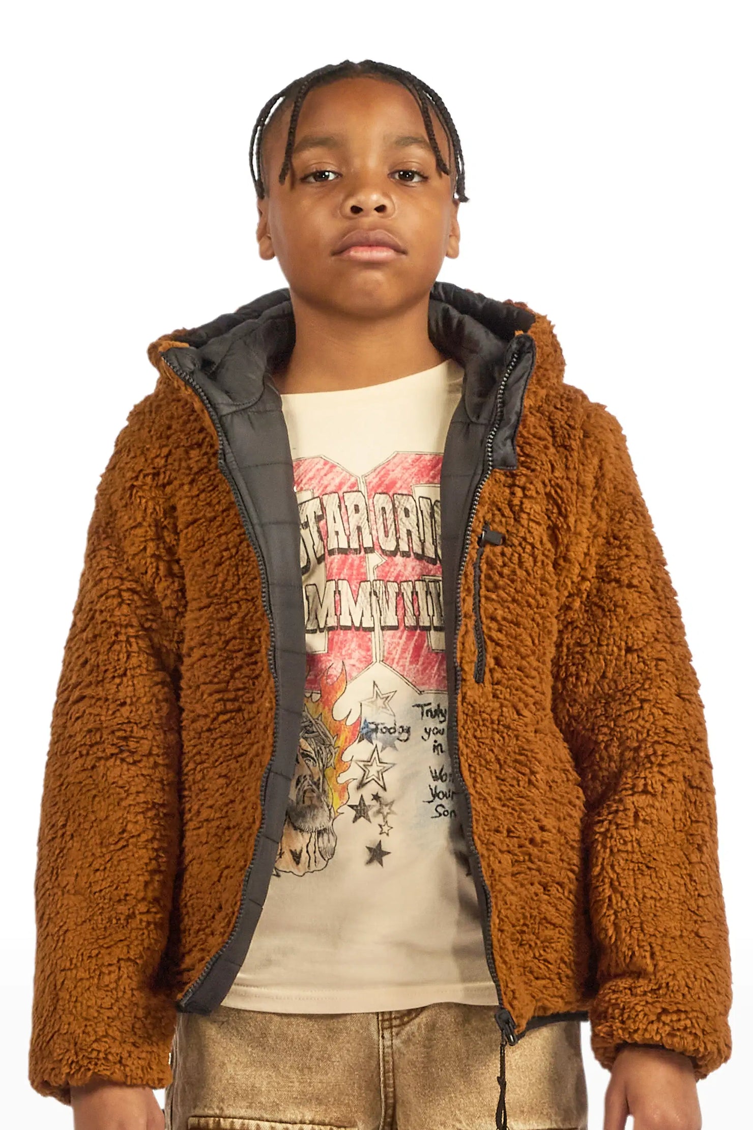 Boys Daegan Black/Brown Reversible Fur Puffer Jacket