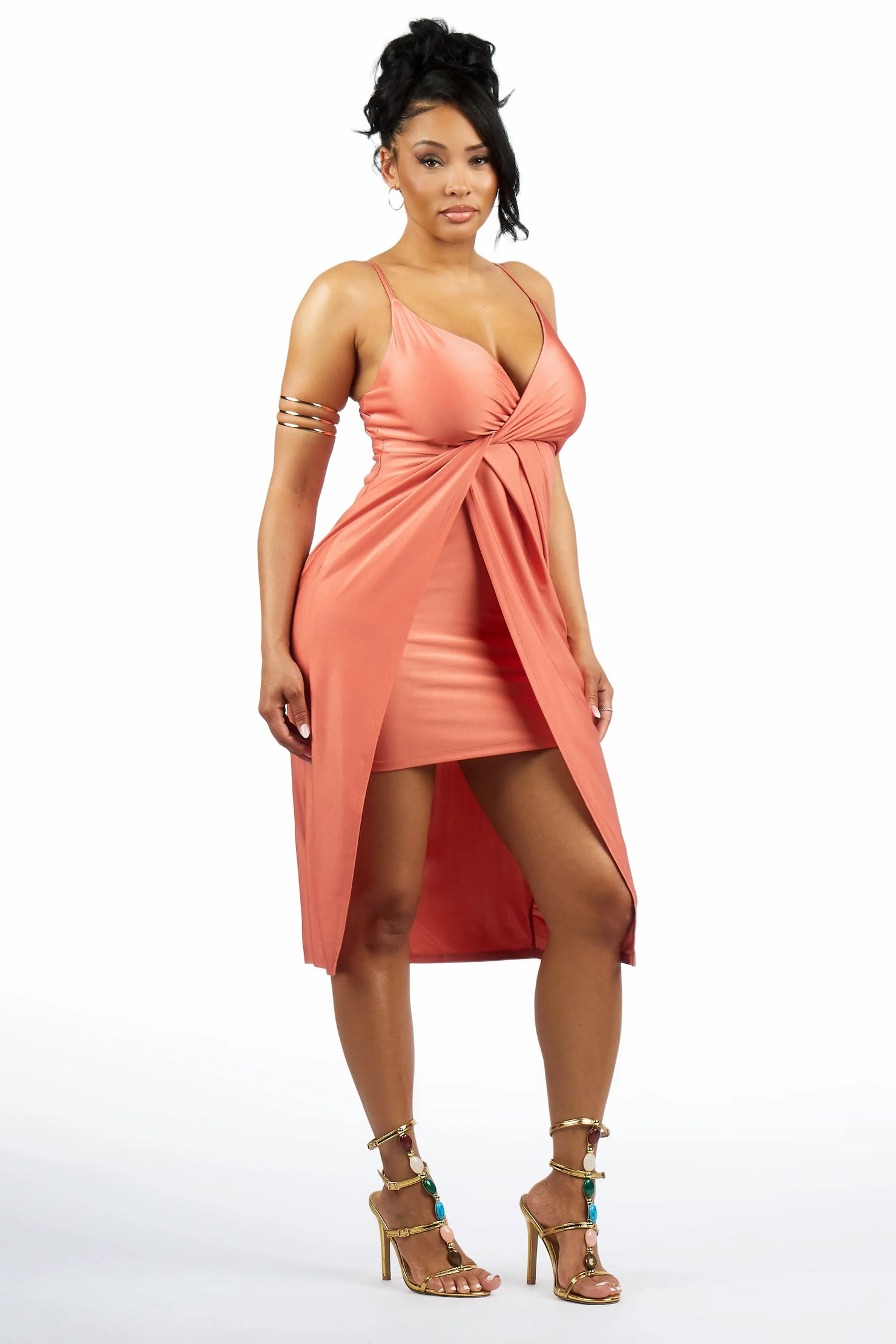 Criss-Cross Dark Peach Asym Midi Dress