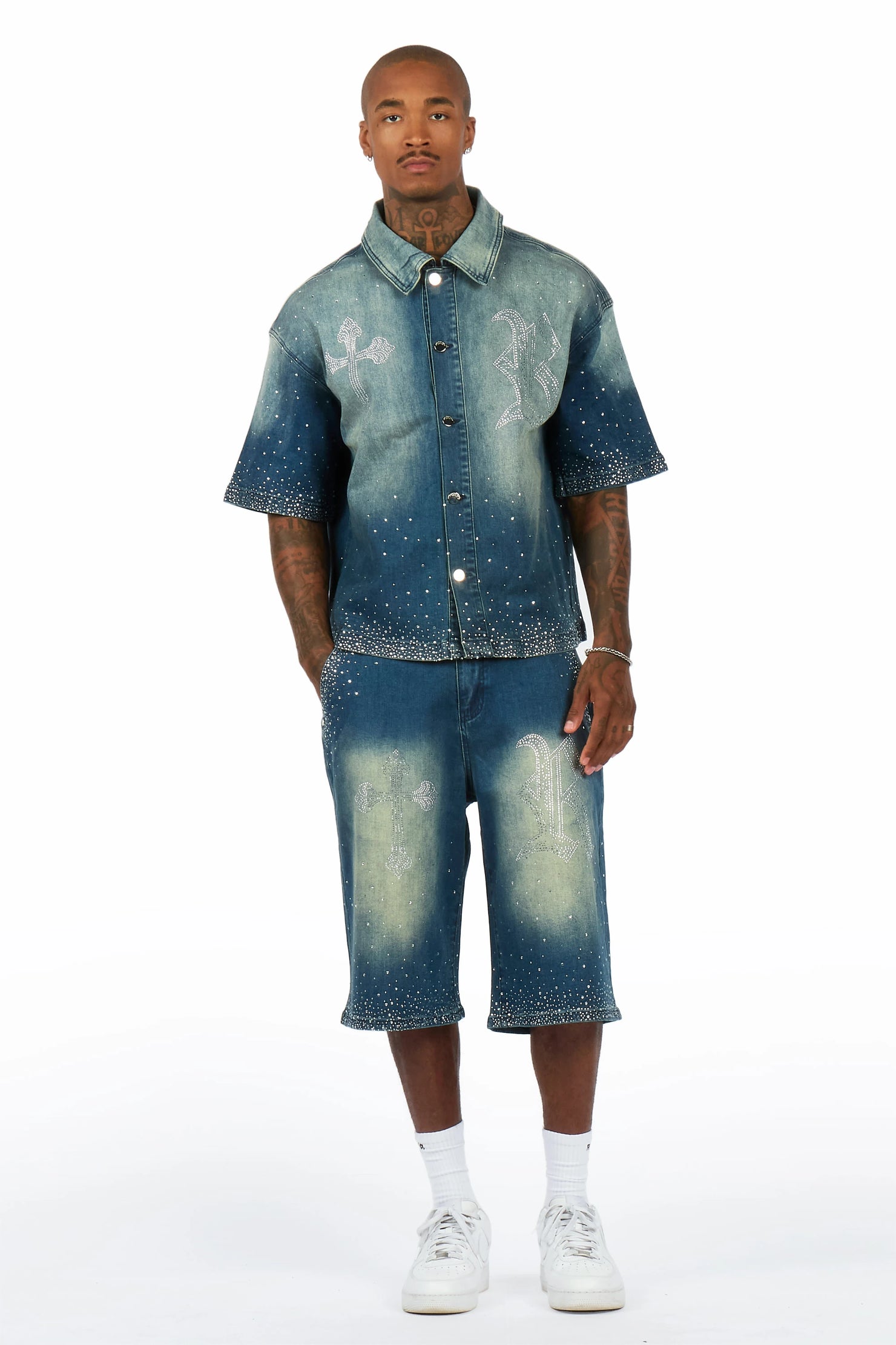 Clemente Medium Blue Rhinestone Button Down Shirt Denim Short Set