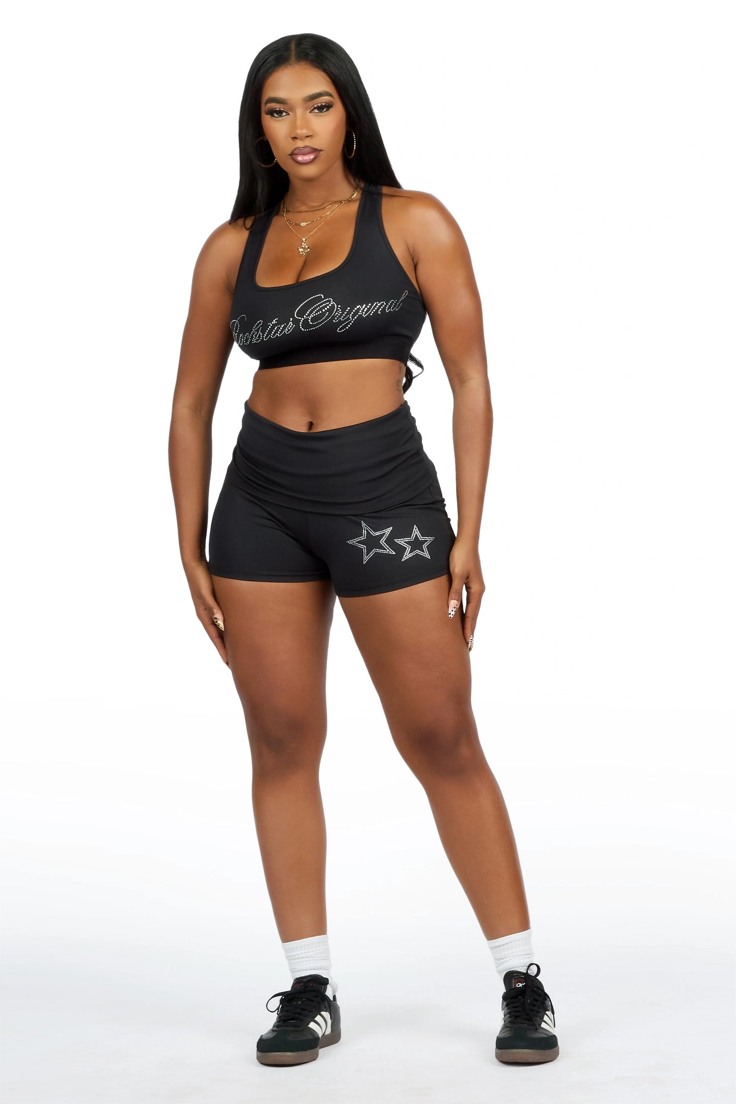 Arieona Black Rhinestone Sports Bra Foldover Short Set