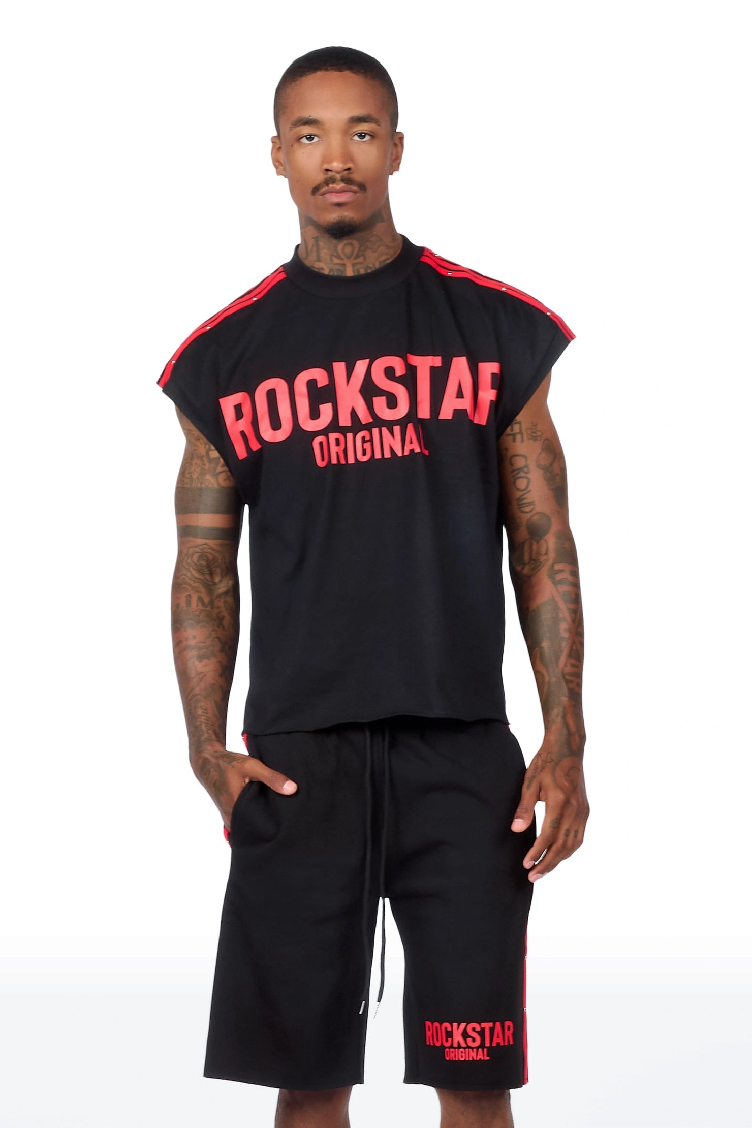Gulis Black/Red Rhinestone Cut Sleeve T-Shirt Short Set