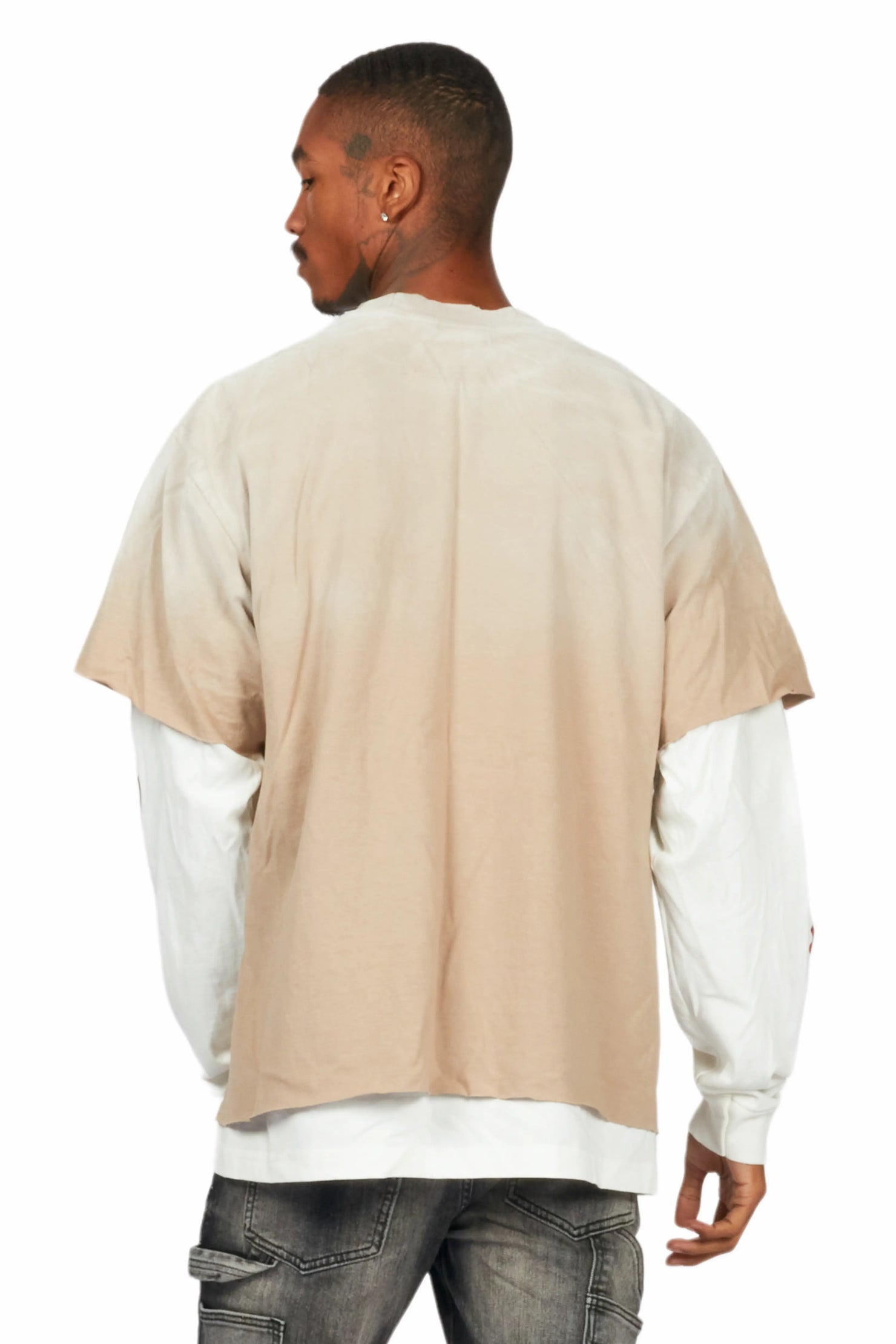 Schtupp Beige/White Double Layer Long Sleeve Graphic T-Shirt