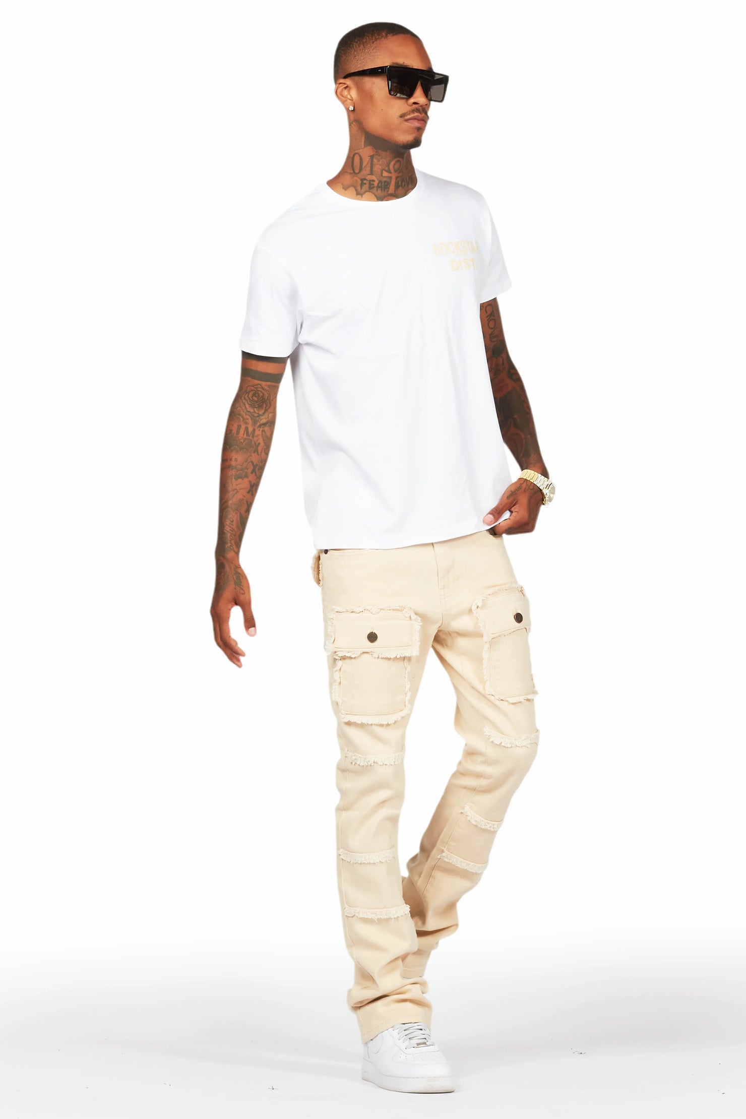 Lake White/Beige T-Shirt/Stacked Flare Cargo Jean Bundle