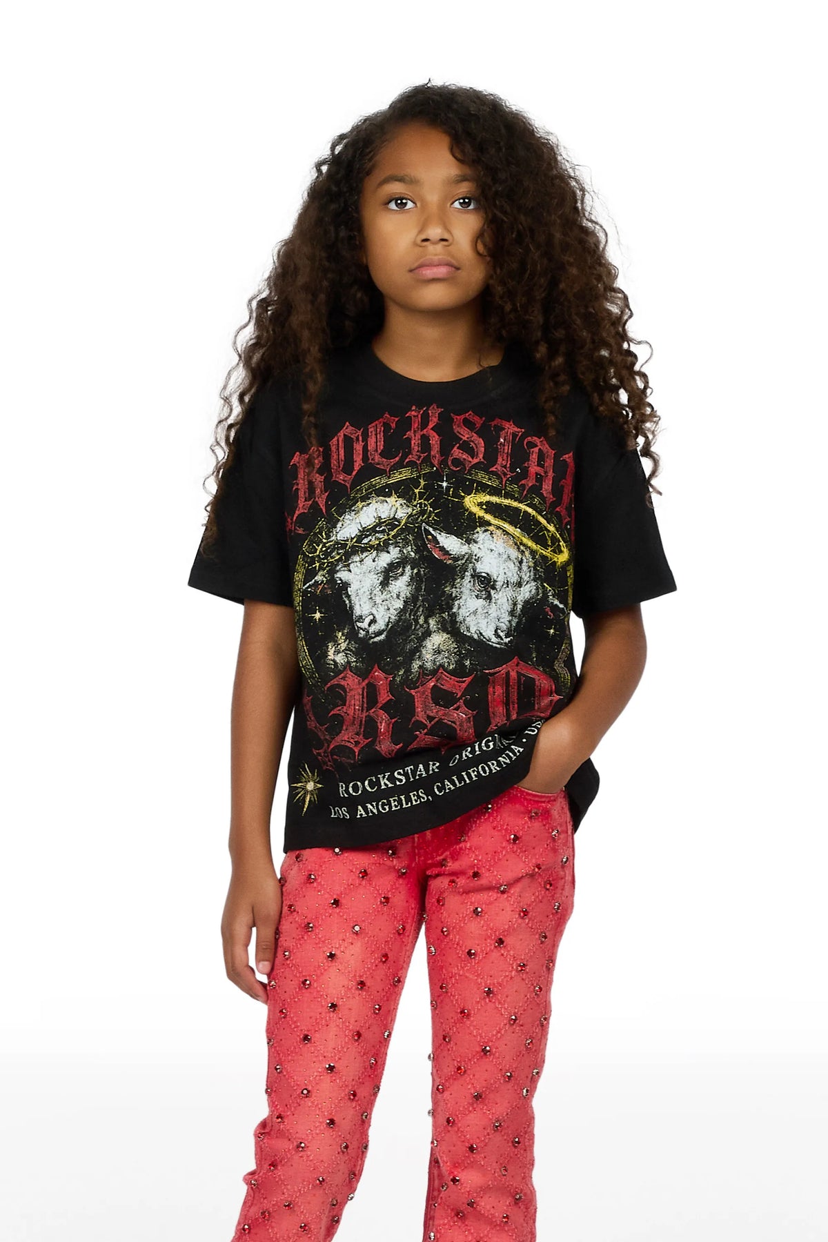 Girls Dezz Black/Red T-Shirt Rhinestone Jean Set