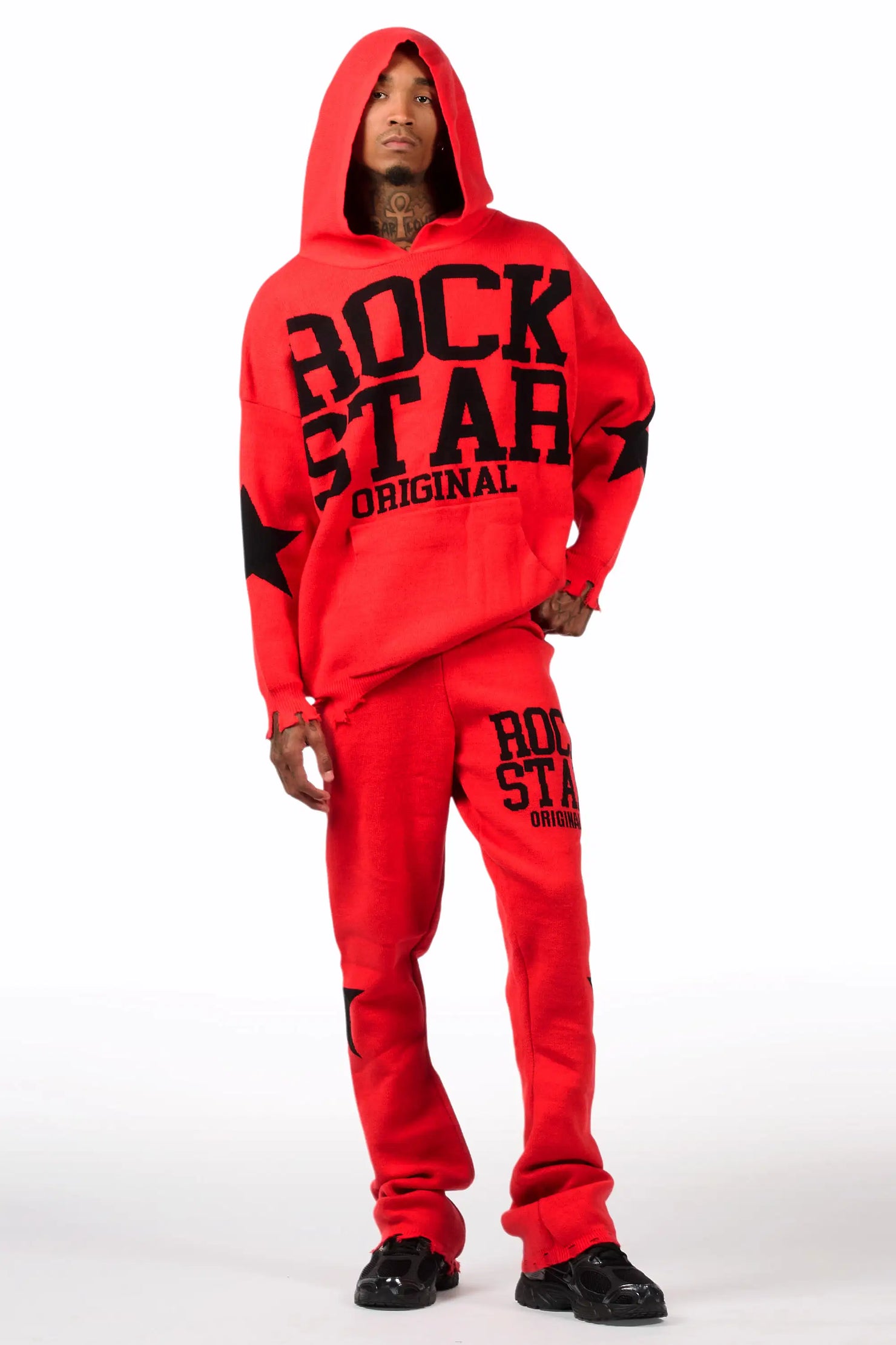 Outlaw Red Hoodie Stacked Flare Knitted Set