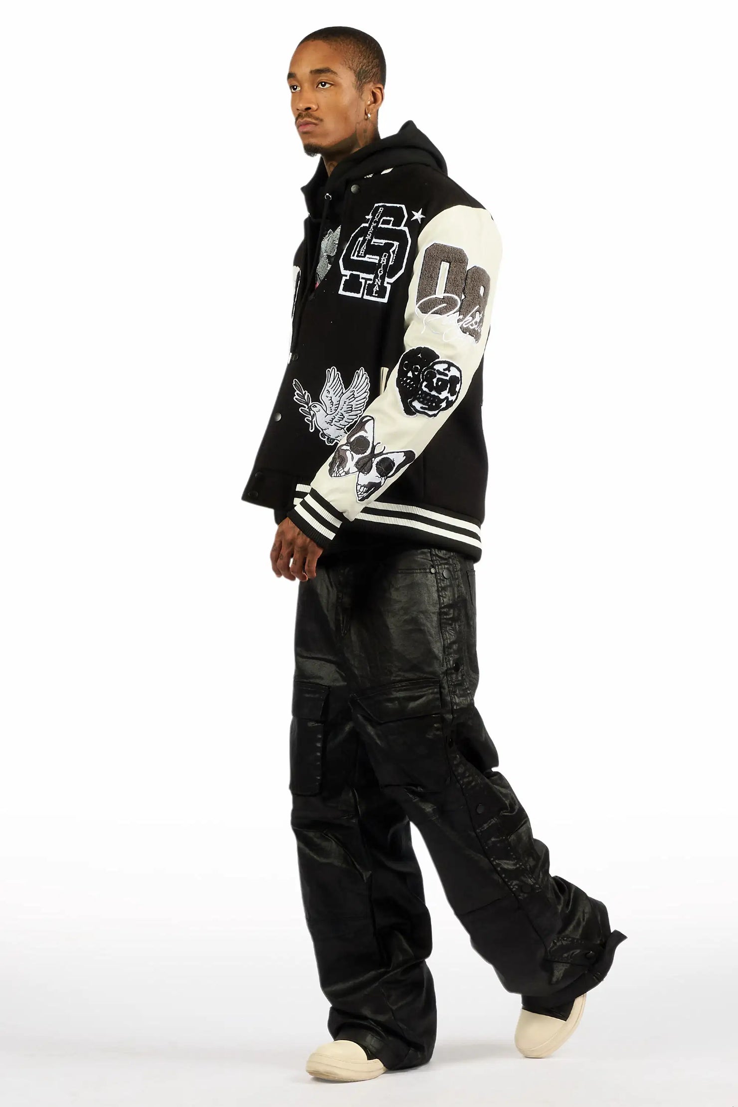 Yuri Black Baggy Cargo Flare Coated Pant