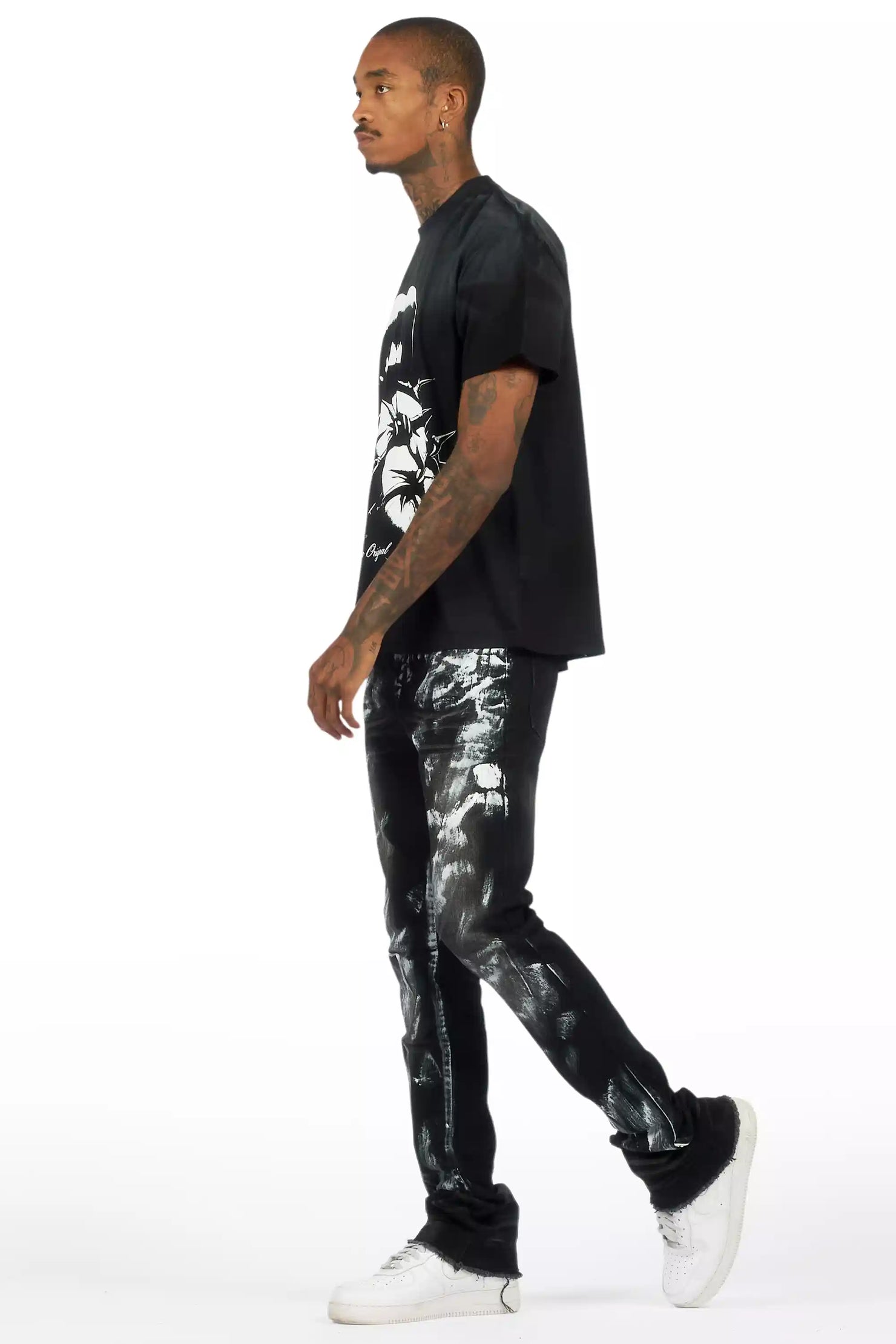 Schmear Black Oversized Graphic T-Shirt/Painted Stacked Flare Jean Bundle