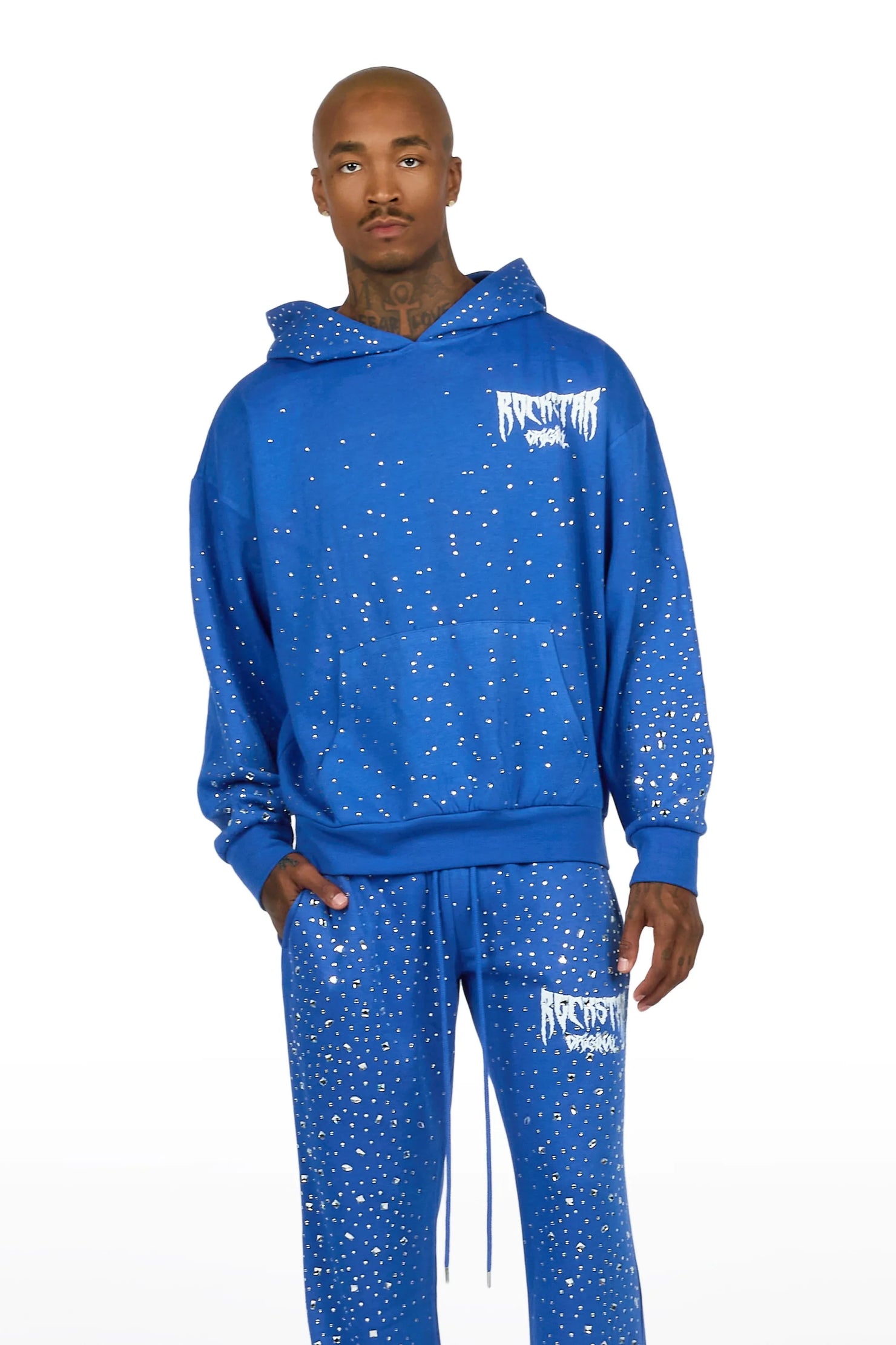 Twinkle Royal Blue/White Rhinestone Hoodie Relaxed Track Set