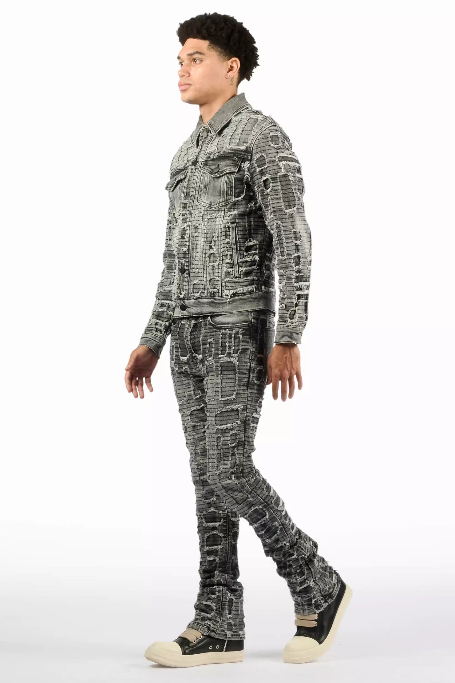 Gribo Grey Denim Jacket/Stacked Flare Jean Set