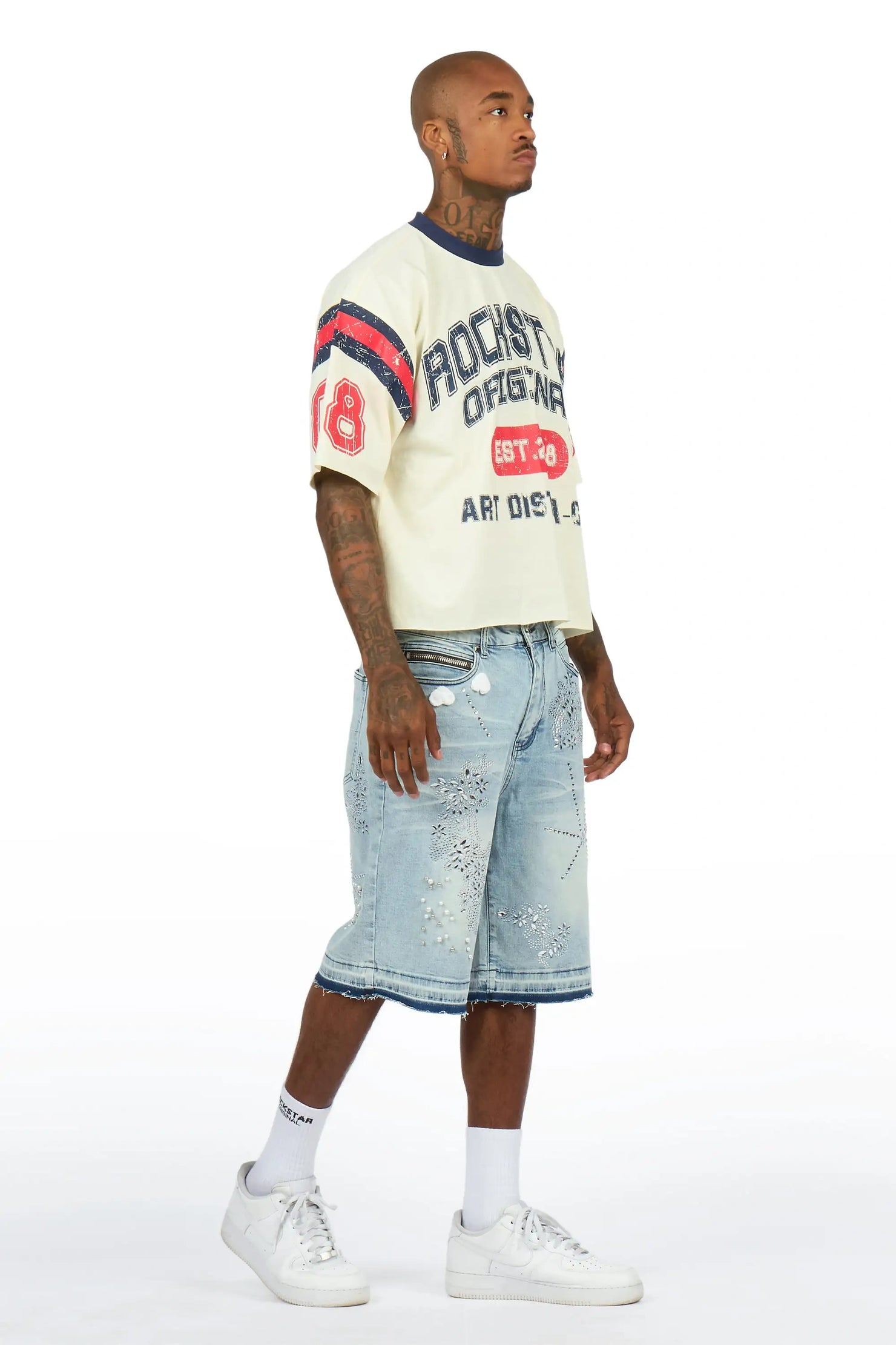 Rael Light Blue Rhinestone Denim Short