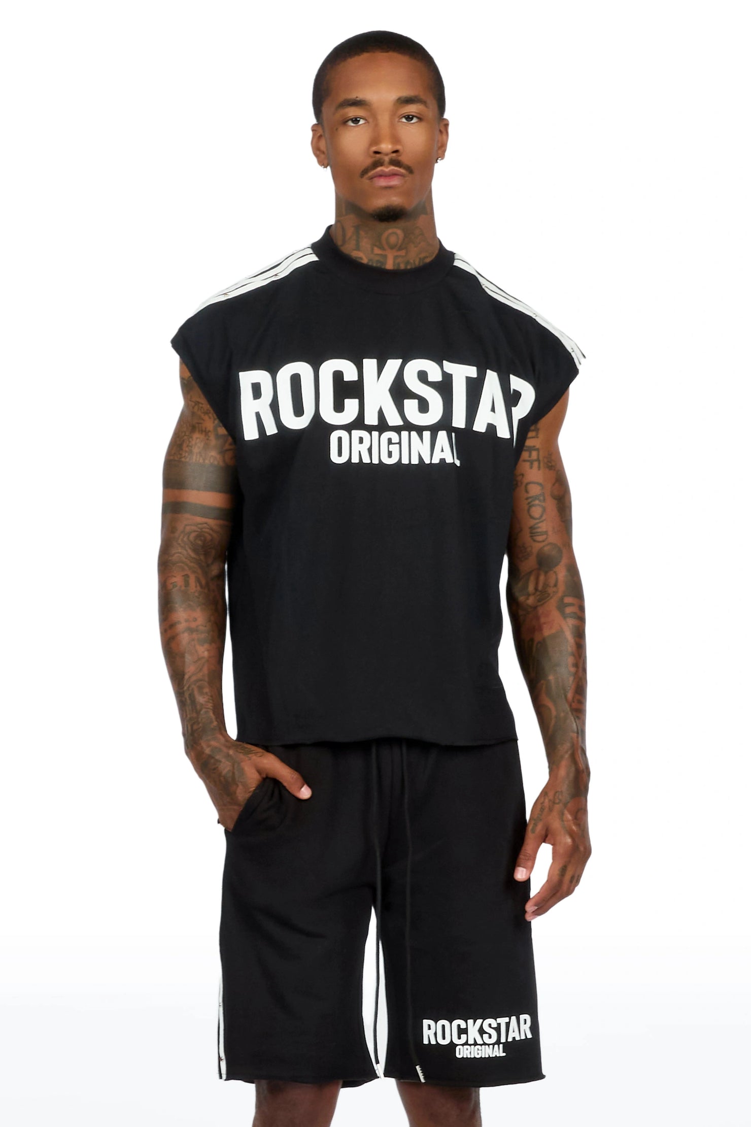 Gulis Black Rhinestone Cut Sleeve T-Shirt Short Set