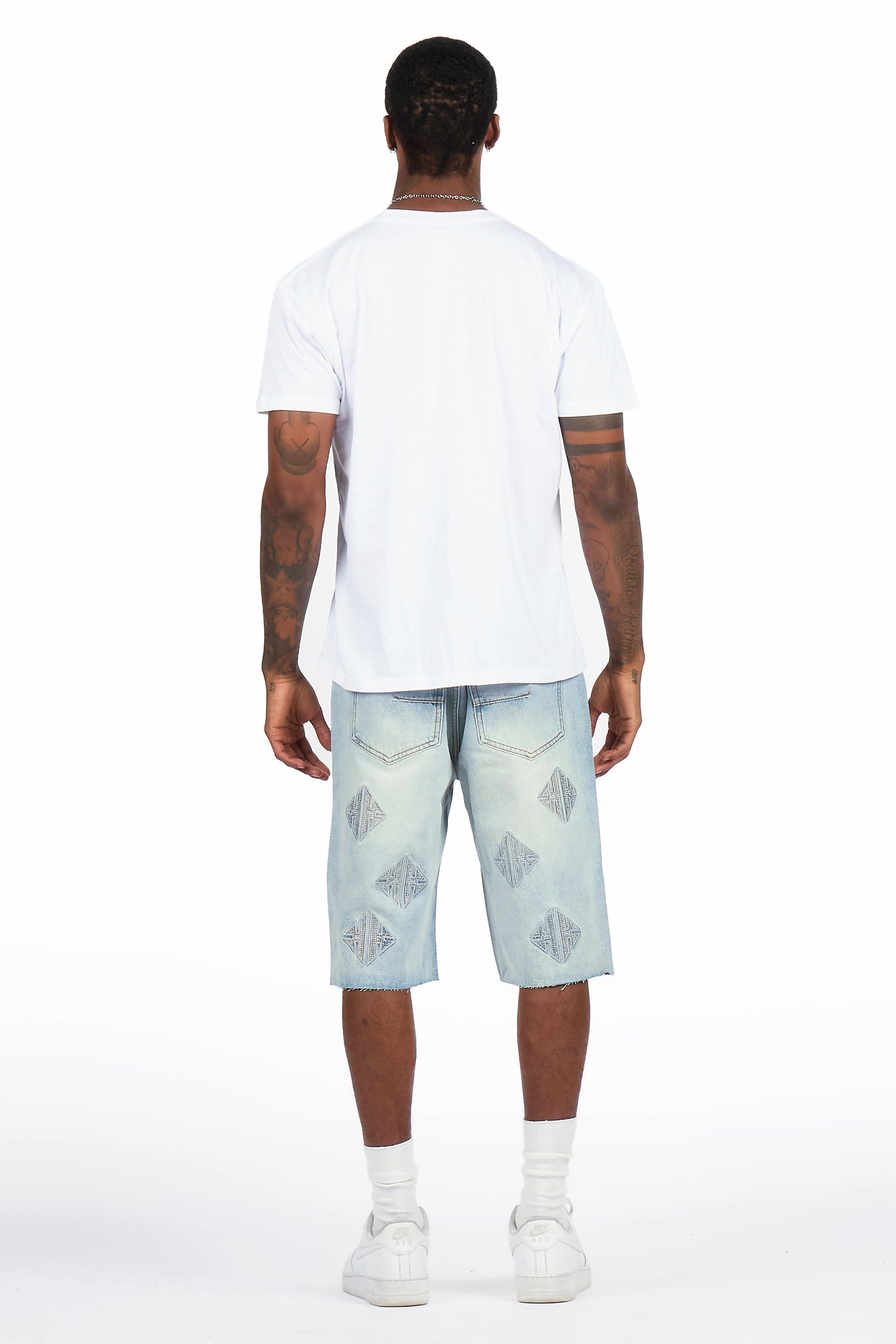 Demanuele Light Blue Rhinestones Denim Short