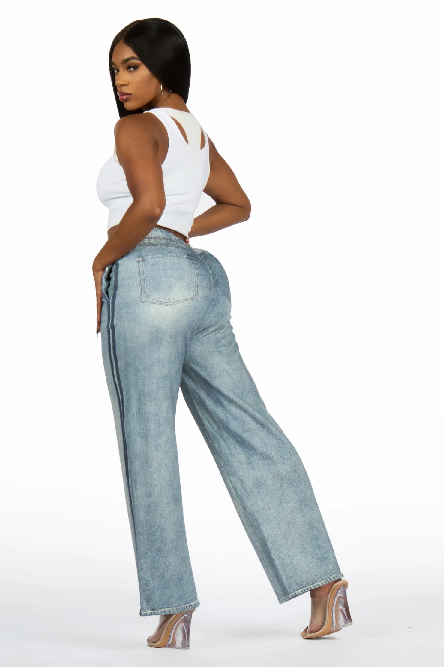 Yonis Light Wash Denim Print Stretch Terry Sweatpant Jean