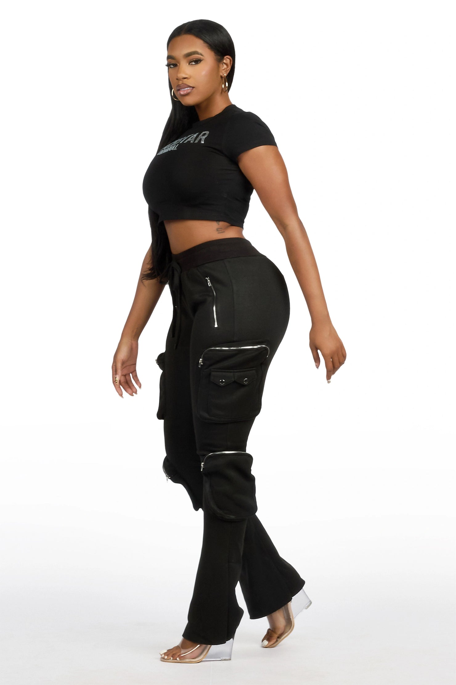 Cheronnie Black Cargo Stacked Track Pant
