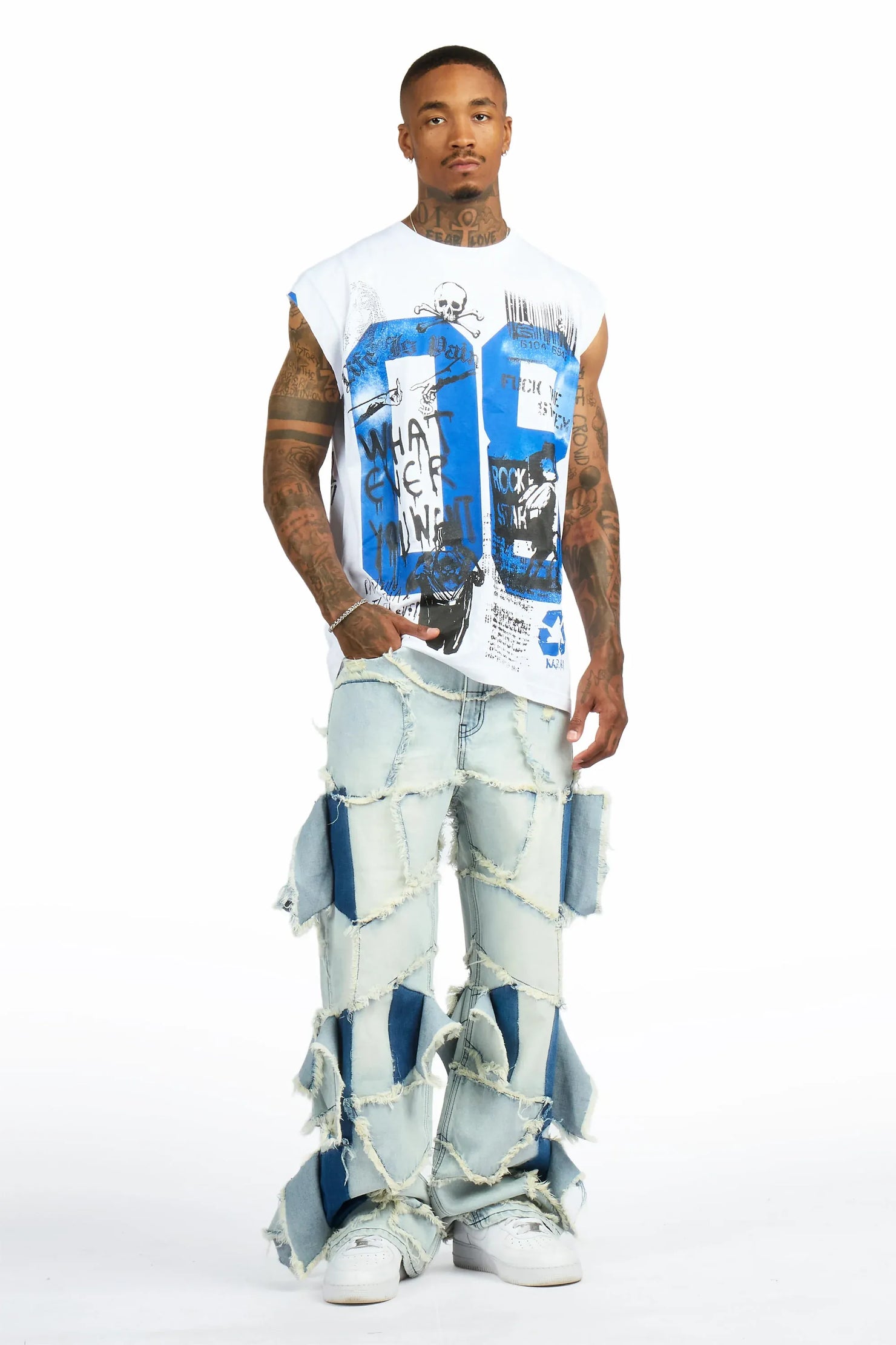 Grill 3.0 White/Blue Oversized Graphic T-Shirt & Jacomus Baggy Fit Jean Set