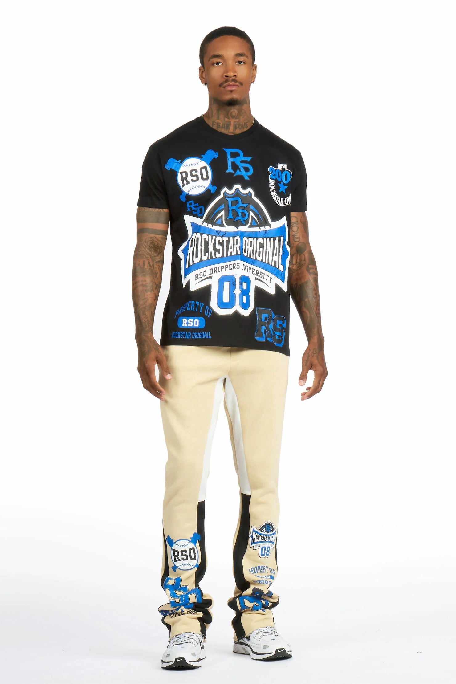 Mavrix Black/Beige T-shirt/Stacked Flare Track Pant Set