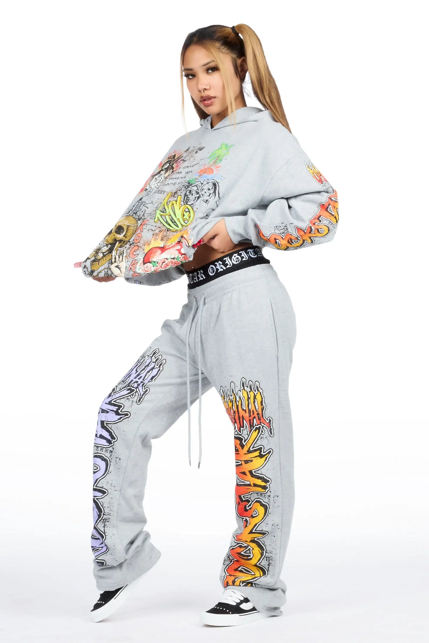 Luxoré Heather Grey Graphic Baggy Fit Track Set