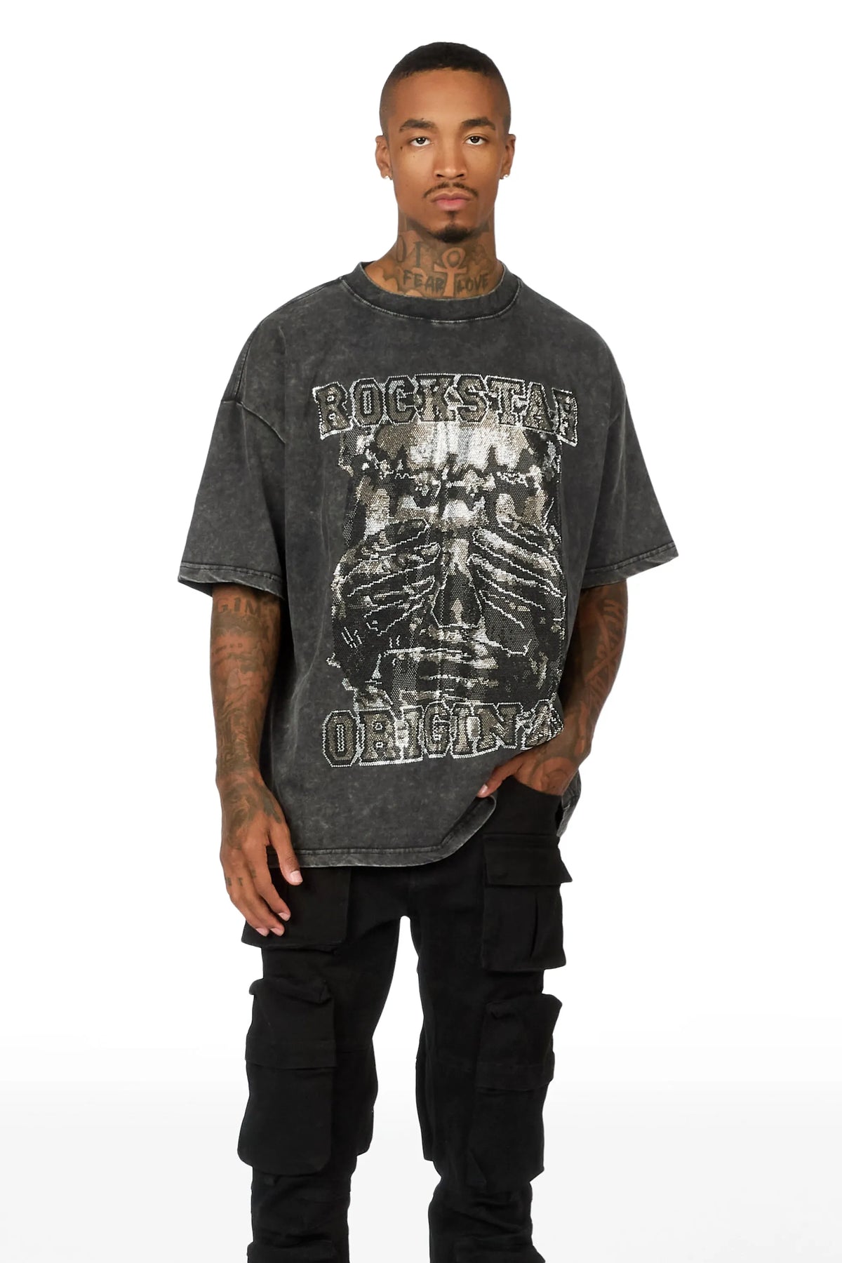 Move In Silence Black Rhinestone Oversized Graphic T-Shirt