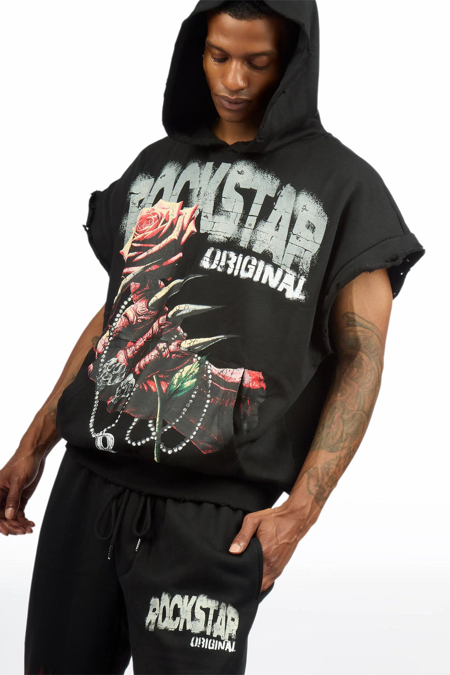 Azyrx Black Cut Sleeve Hoodie/Baggy Pant Track Set
