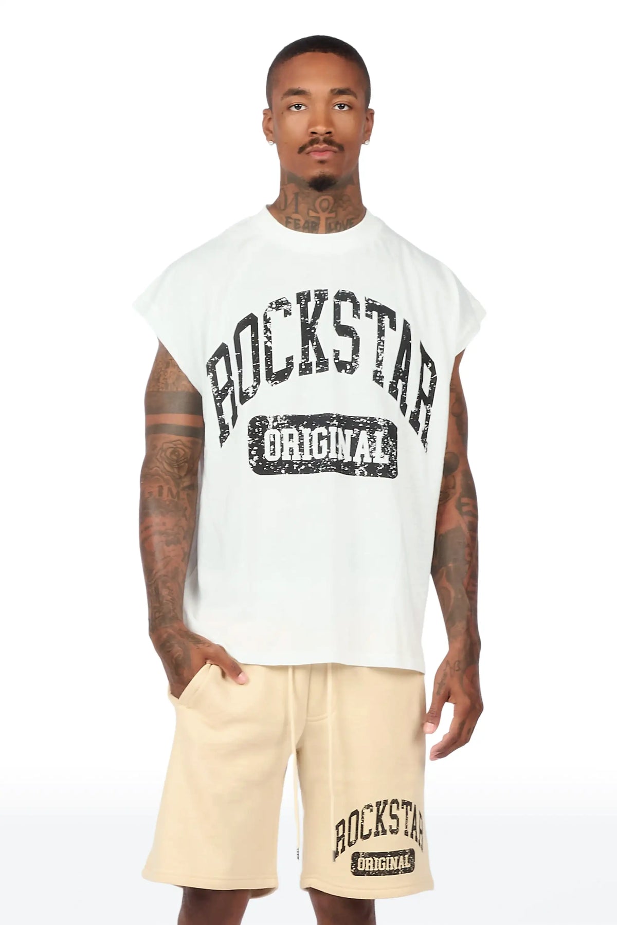 Zig White/Beige Cut Sleeve T-Shirt/Short Set