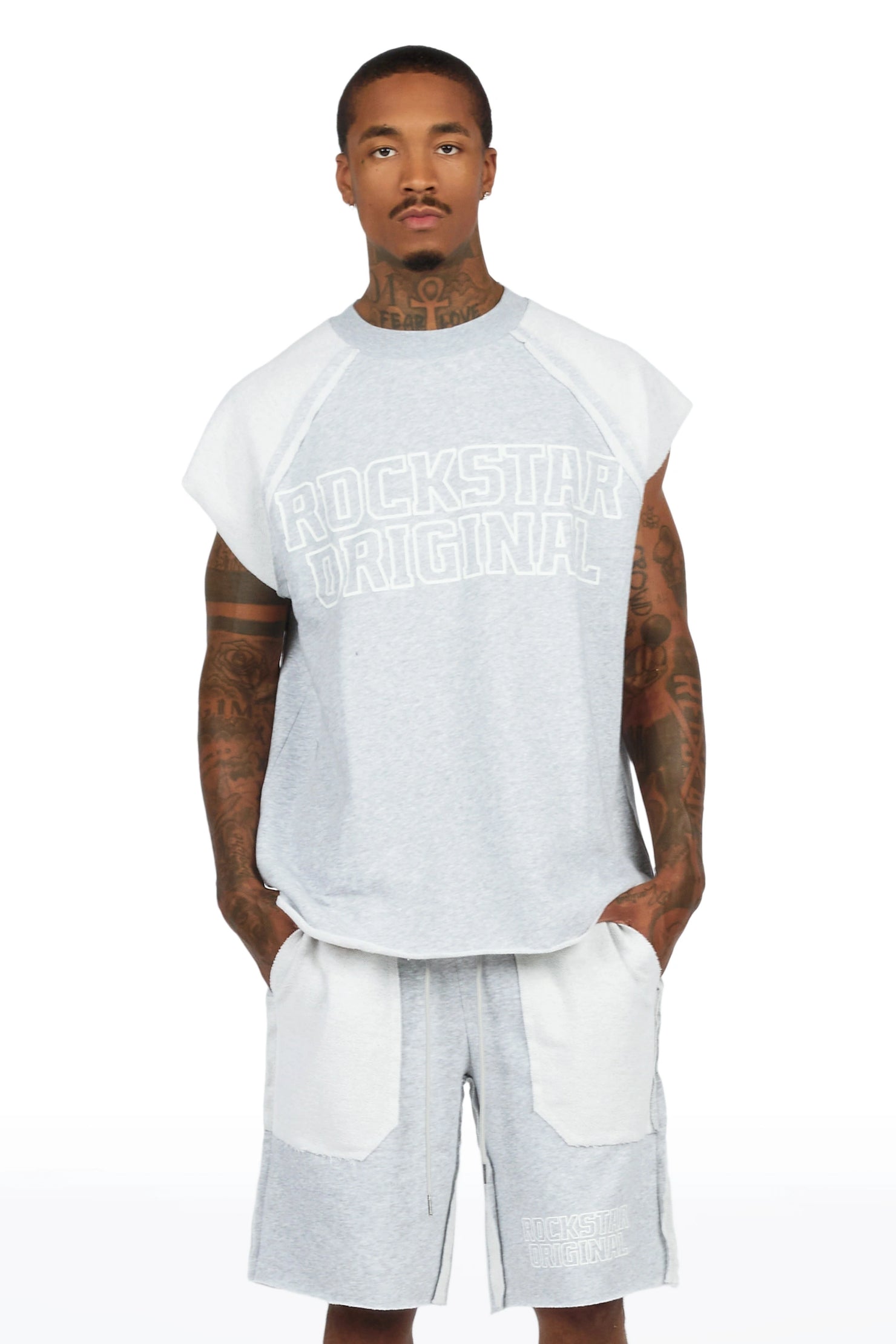 Essential Heather Grey Cut Sleeve T-Shirt/Short Set