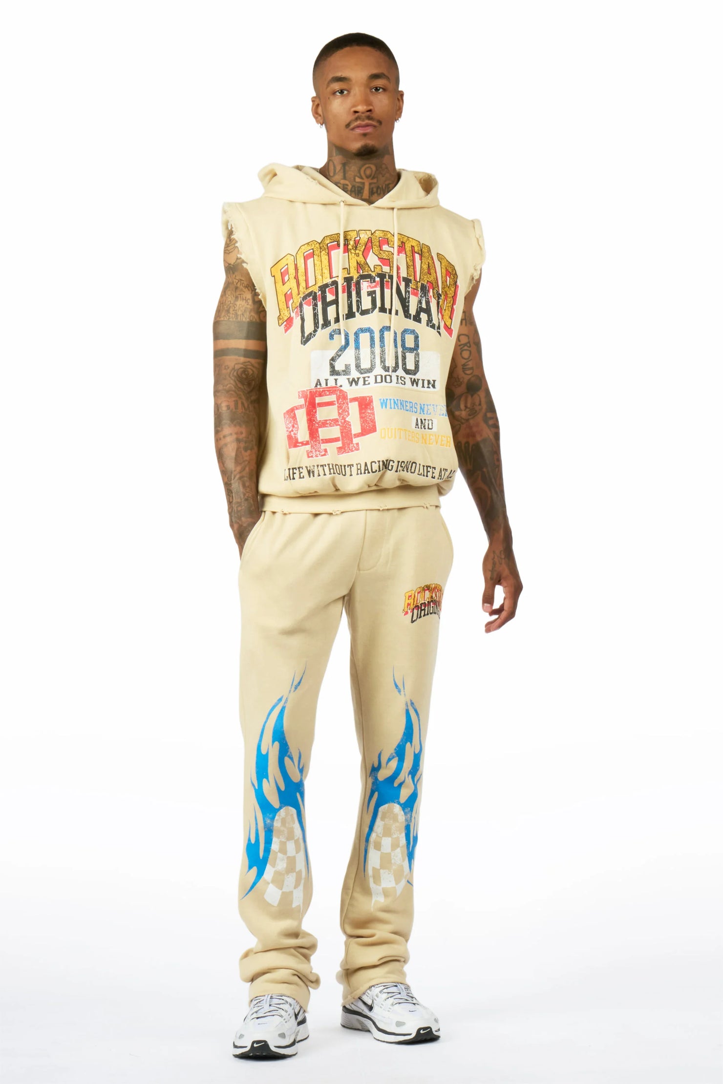 Colorful Race Beige Cut Sleeve Hoodie Stacked Track Set