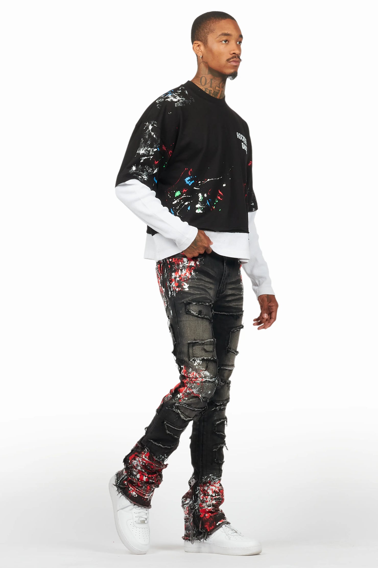 Kodak Grey/Red Painter Stacked Flare Fringe Jean