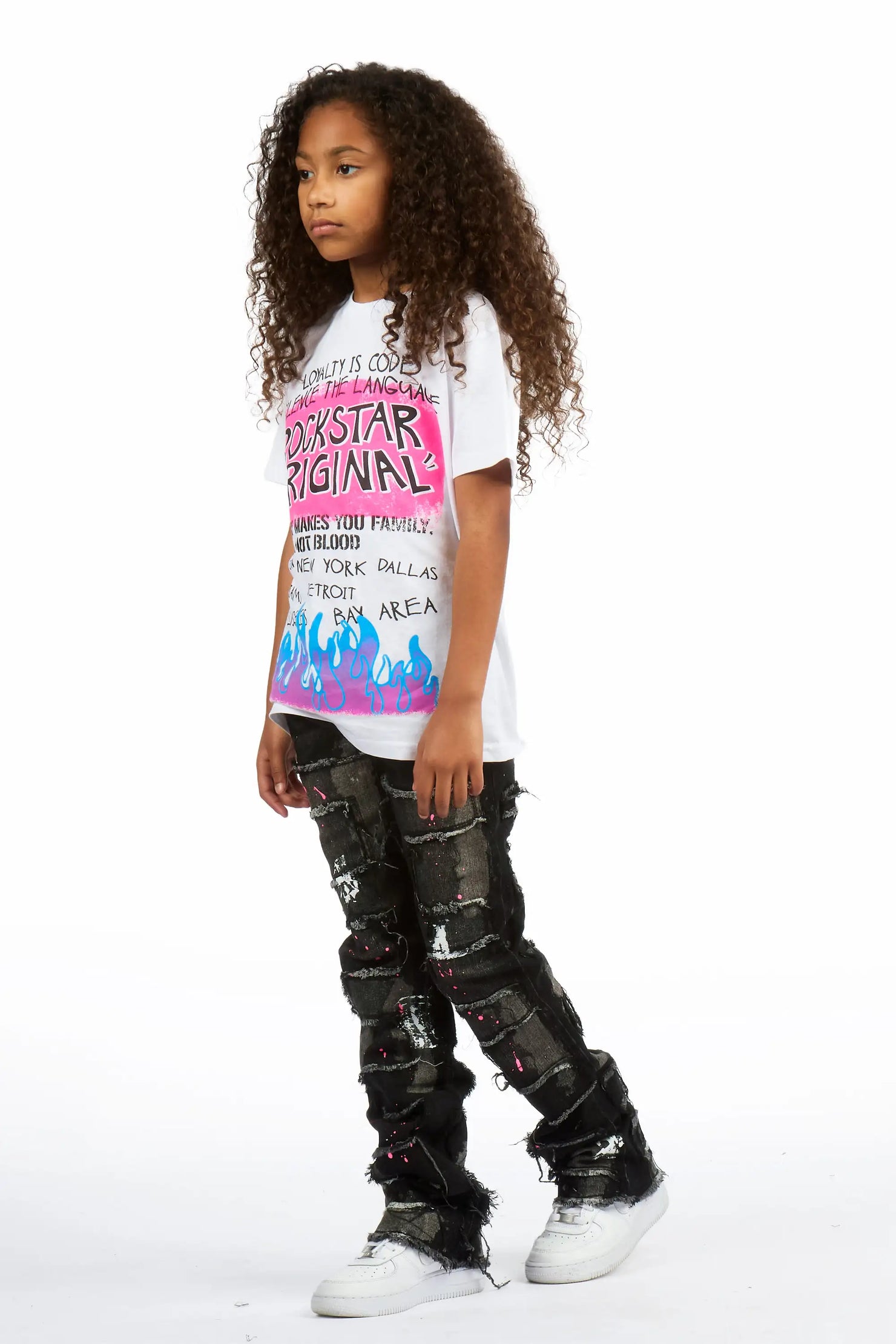 Girls Bannie Black/Pink Stacked Painter Flare Jean