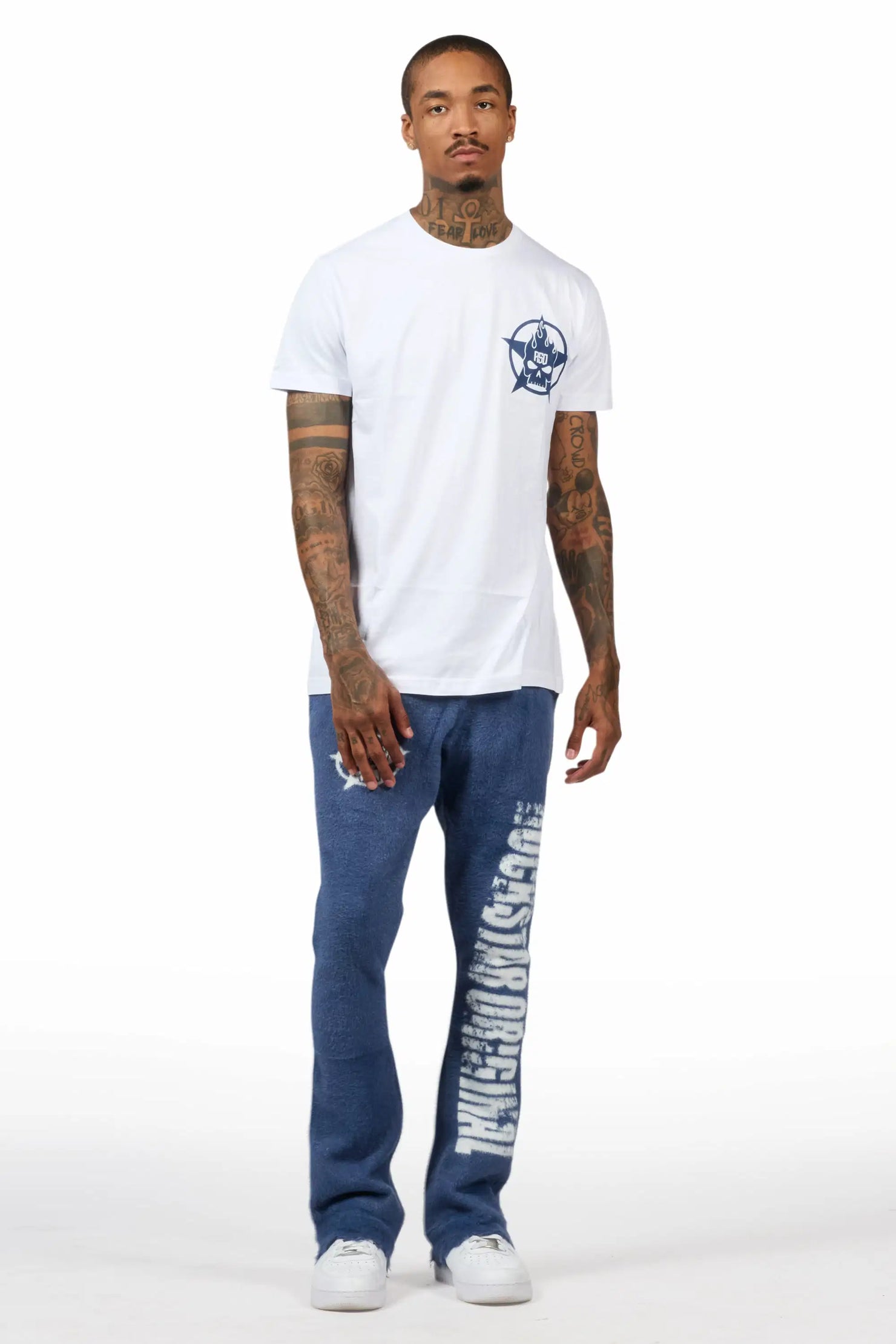 Keve White/Navy T-Shirt/Knitted Mohair Flare Pant Set