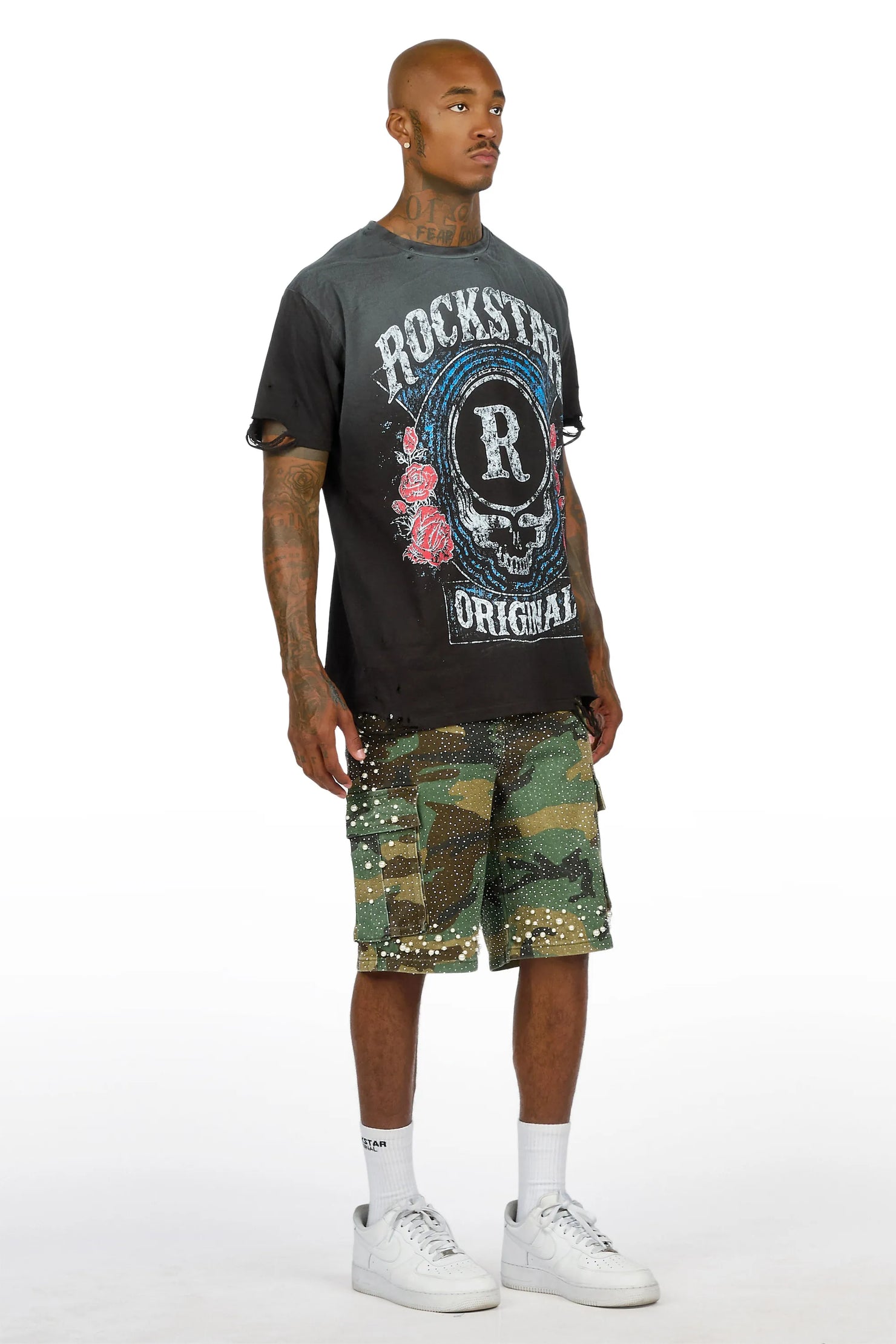 Sevyn Faded Camo Rhinestone Denim Short