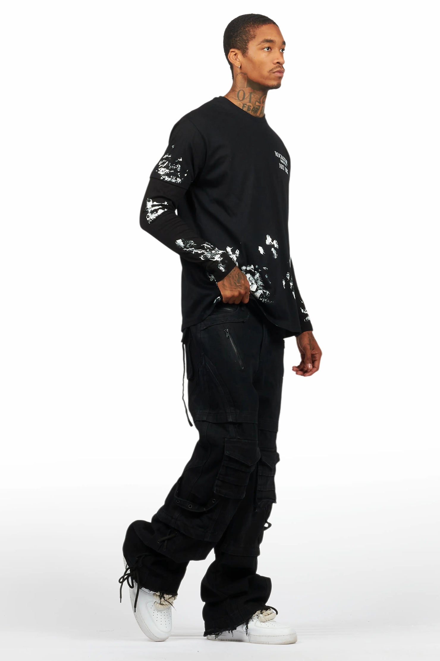 Filip Black Double Layer Long Sleeve Graphic T-Shirt