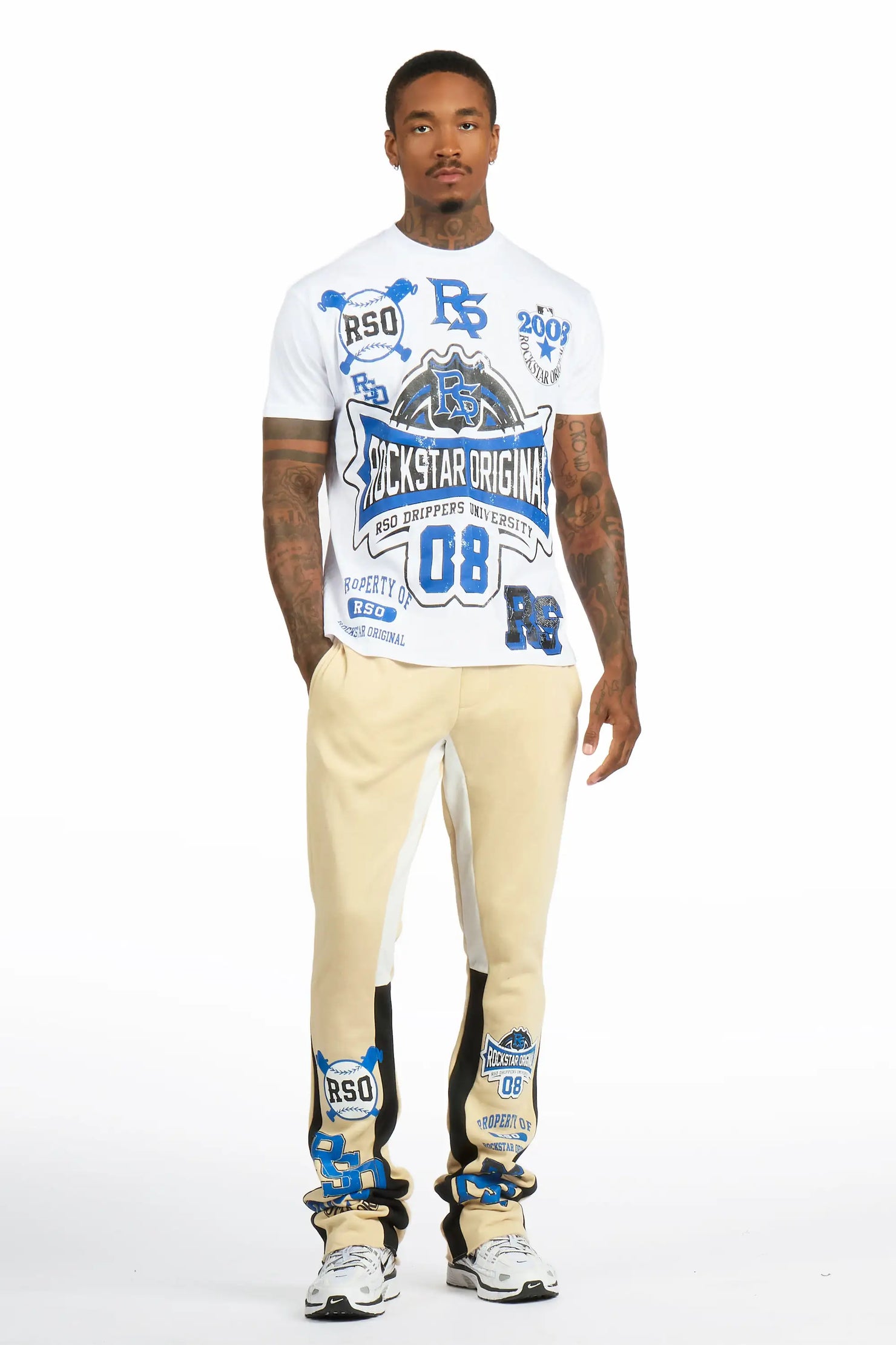 Mavrix White/Beige T-shirt/Stacked Flare Track Pant Set