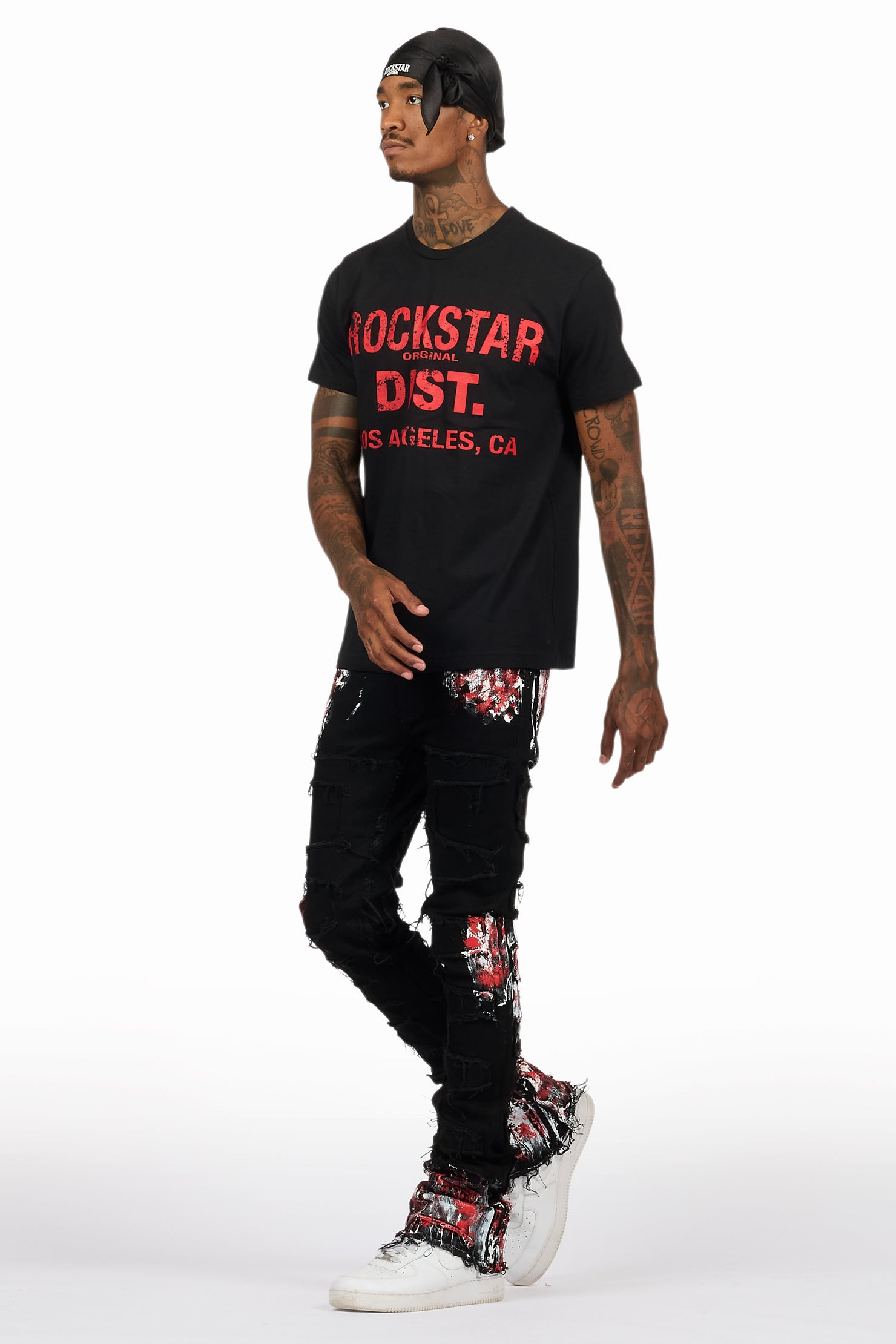 Saxon Black/Red T-Shirt/Stacked Flare Jean Set