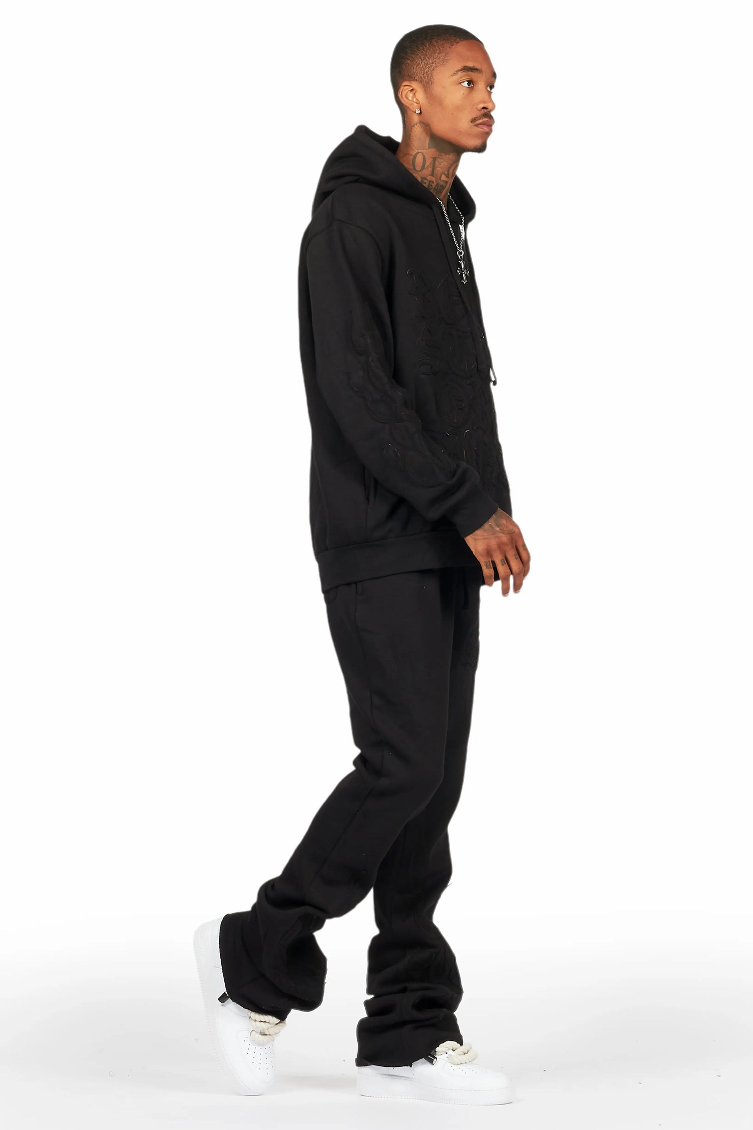 Foresty Black Hoodie Stacked Flare Track Set