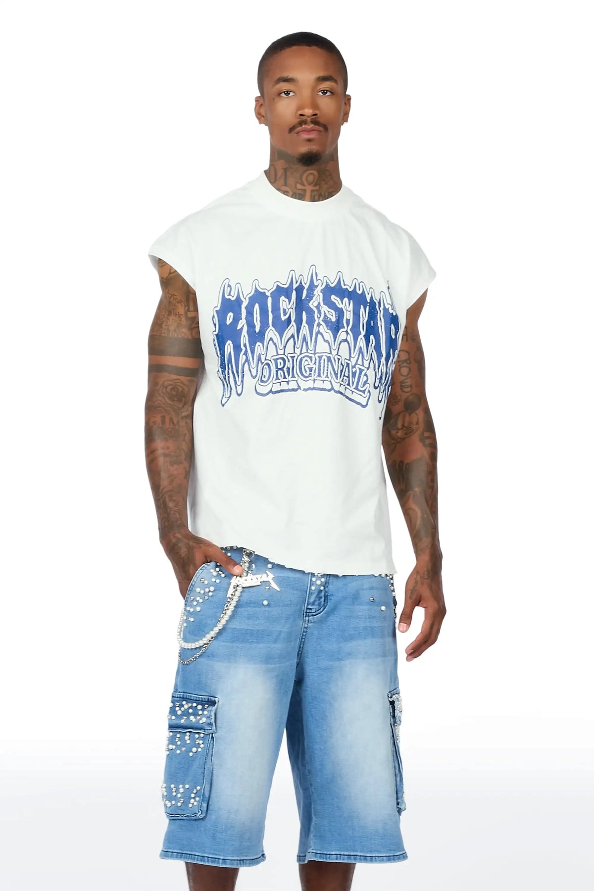 Teo Blue Rhinestone Cut Sleeve T-Shirt Denim Jort Set