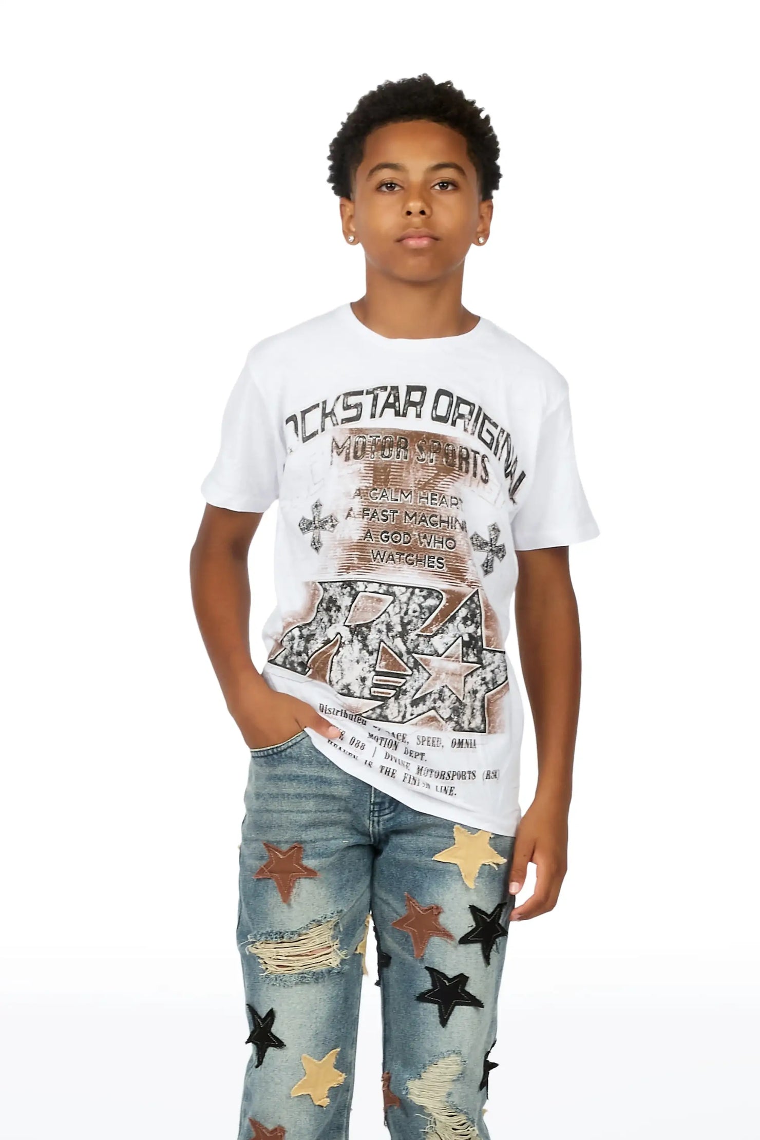 Boys Byson White/Brown T-Shirt Patchwork Jean Set
