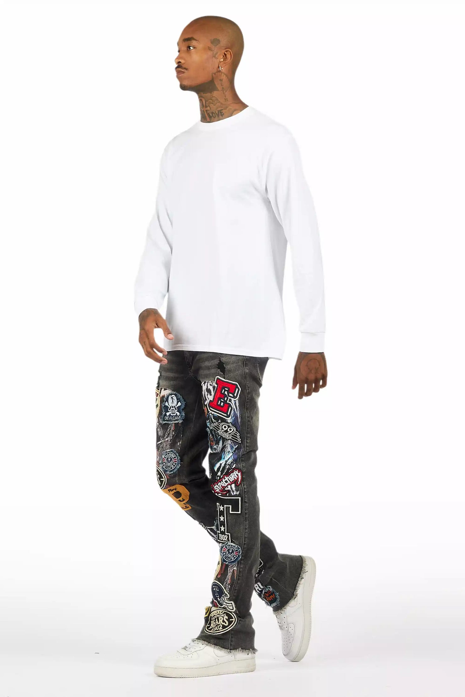 Espan Dark Grey Stacked Flare Jean