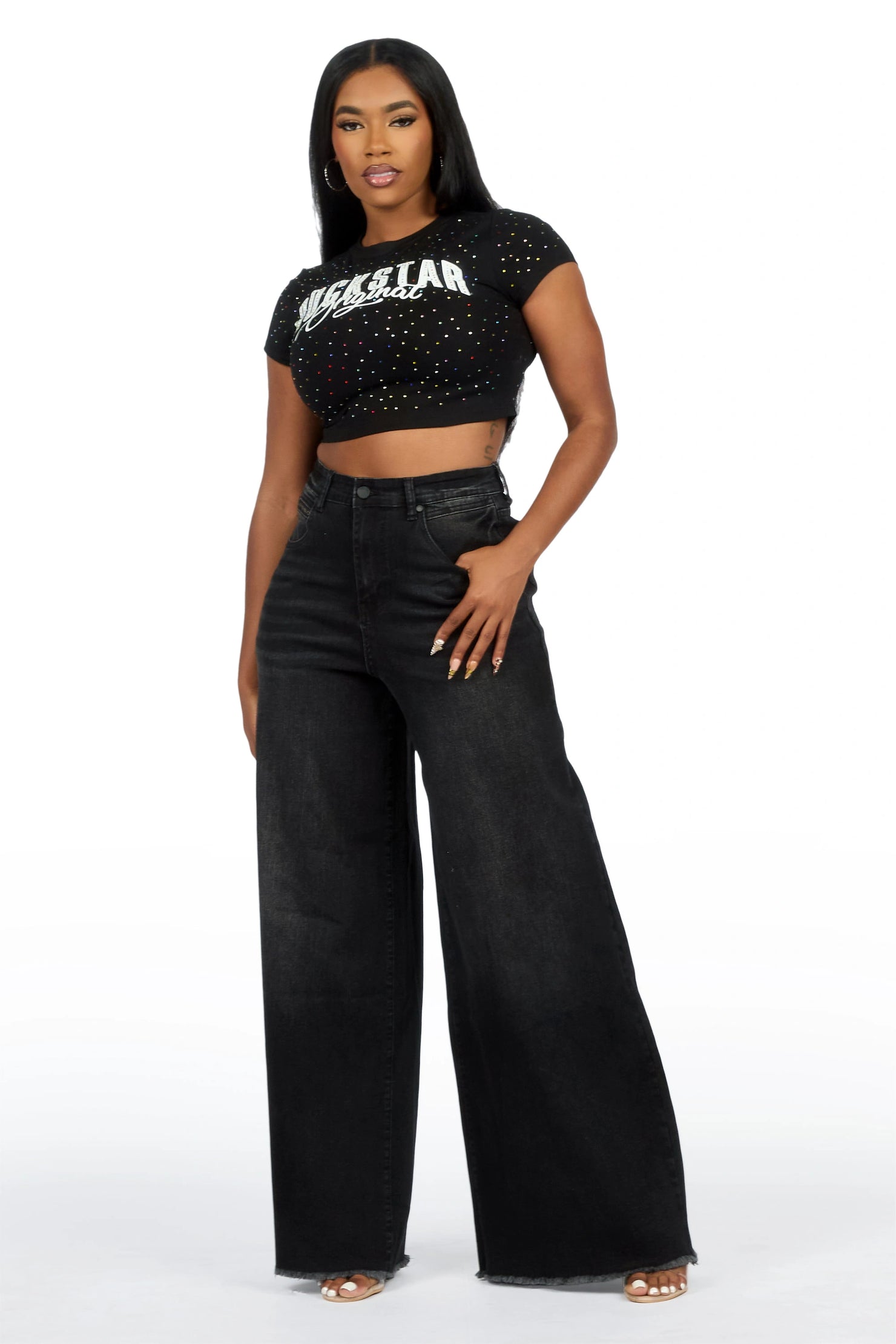 Cegaria Black High Rise Elastic Back Stretch Baggy Jean