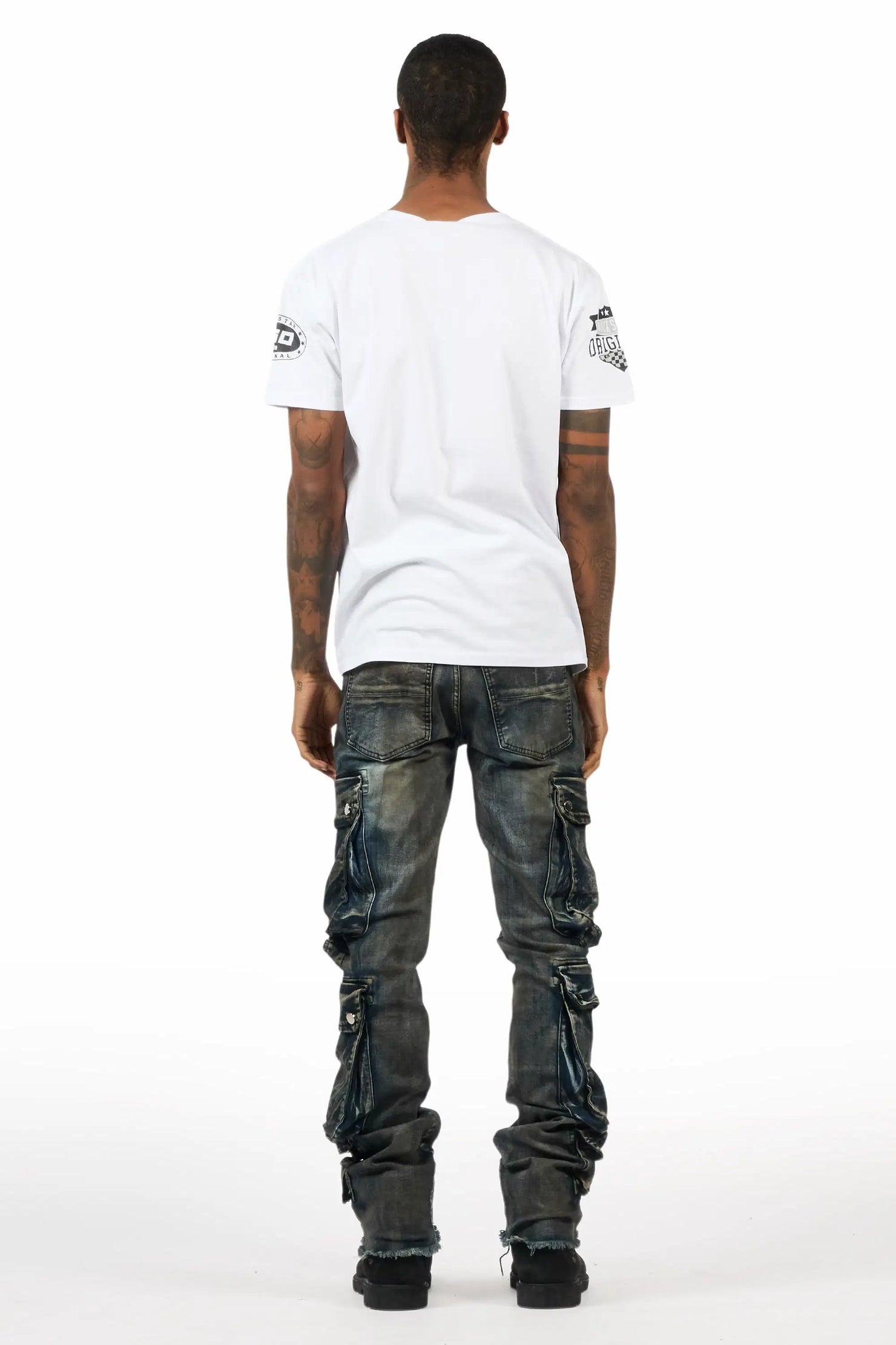 Cloudy Dark Blue Stacked Flare Jean