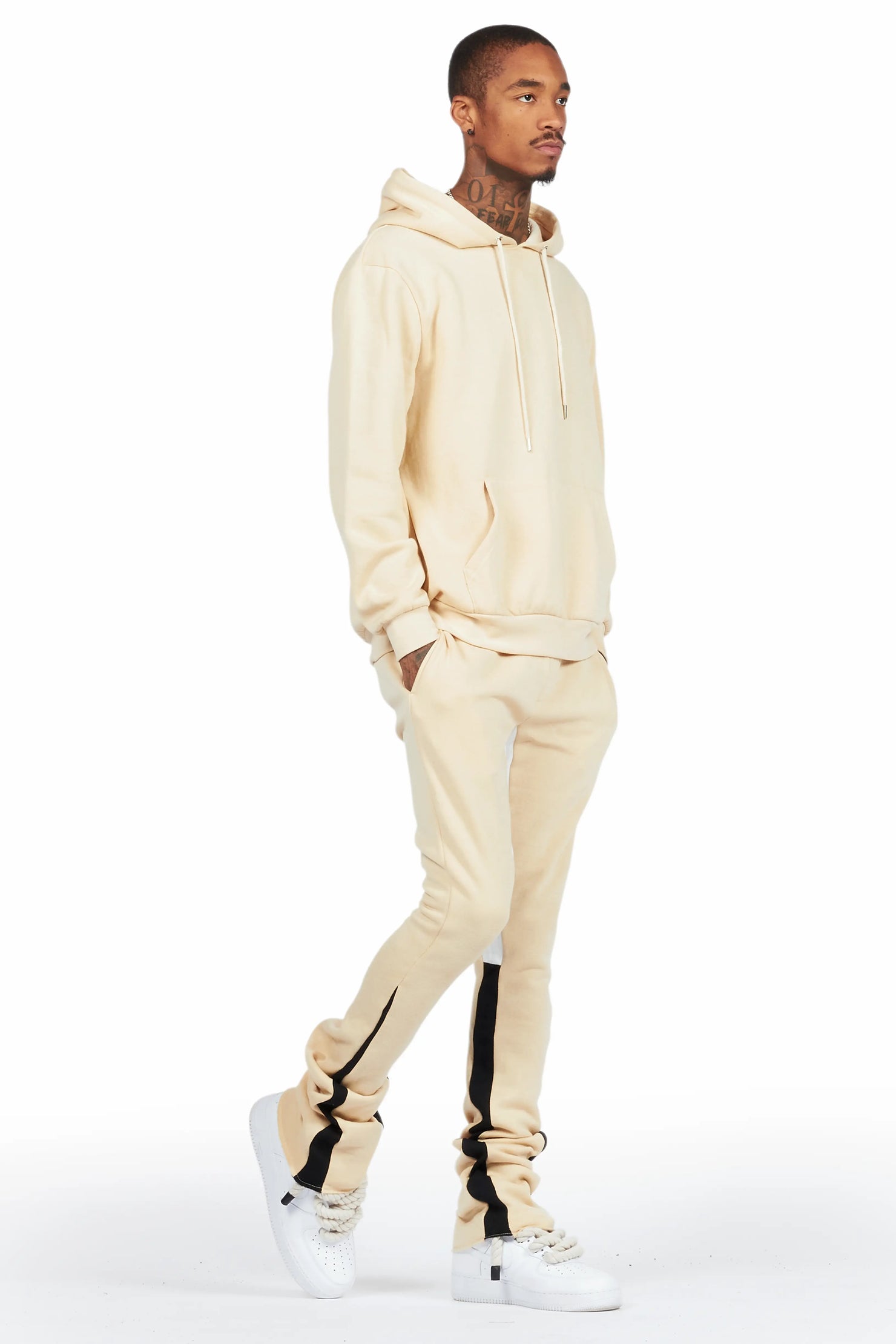 Basic Beige Hoodie/Stacked Flare Track Set