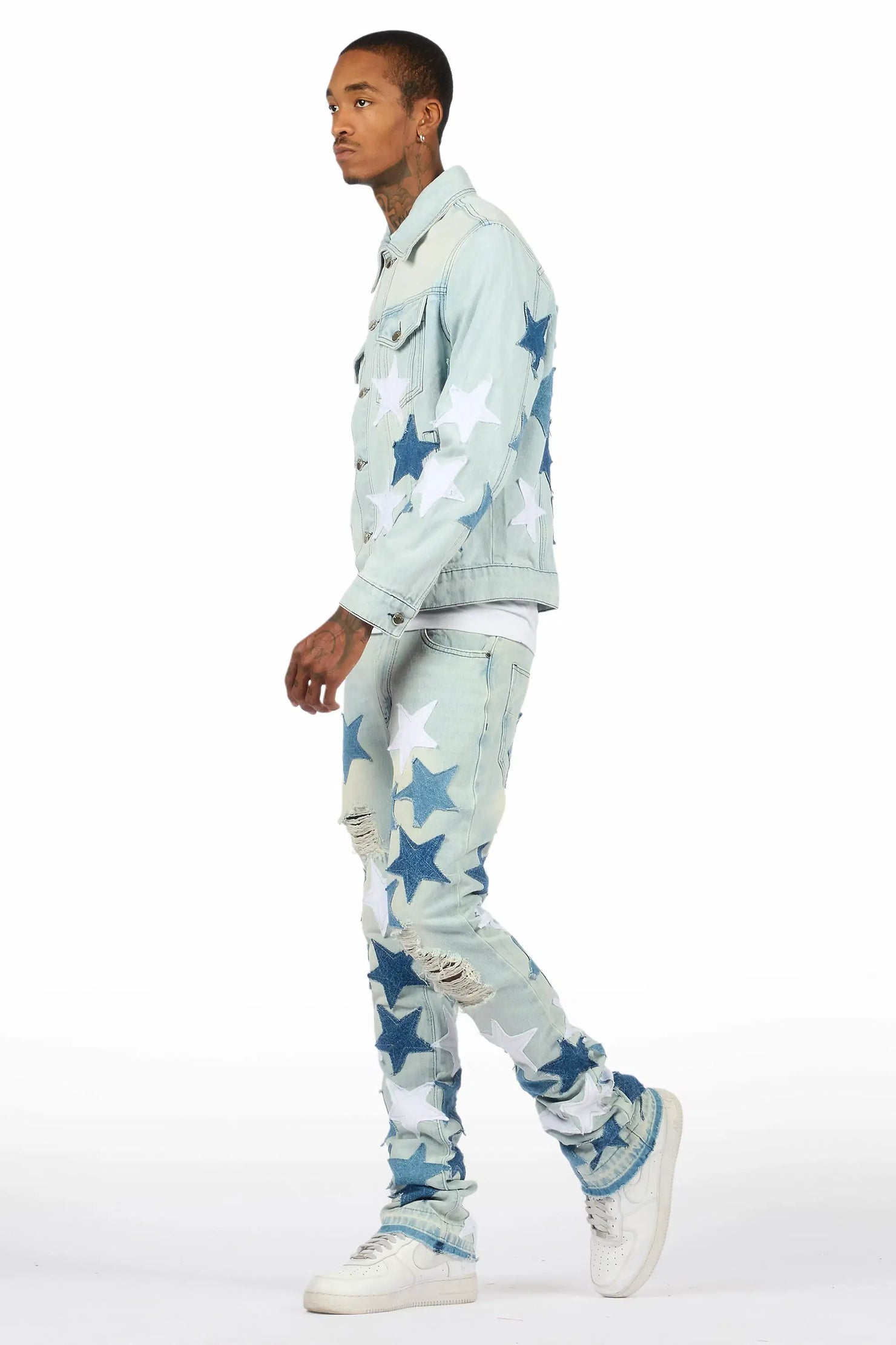 Starlane Light Blue Denim Jacket/Stacked Flare Jean Set