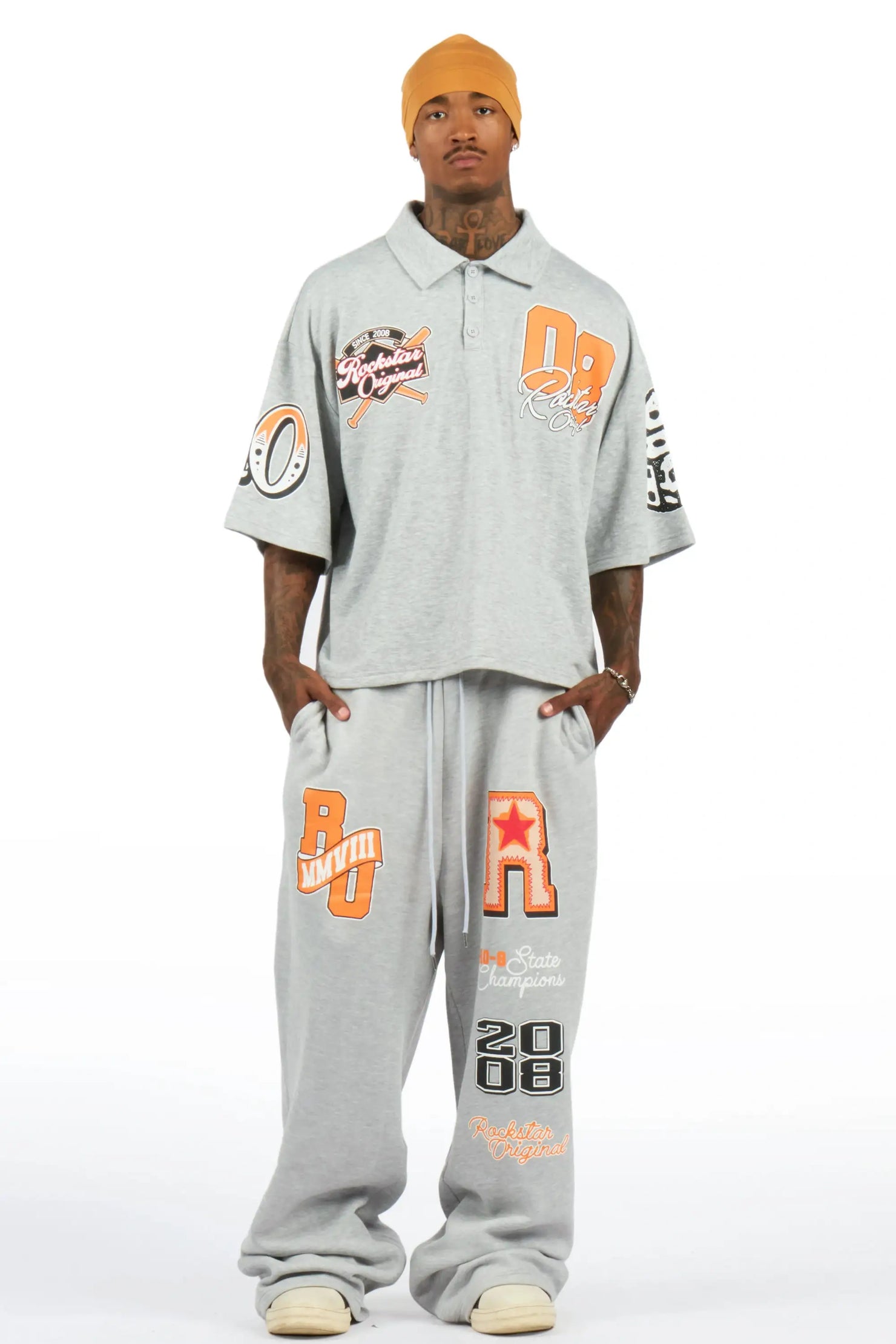 Forbidden Heather Grey Crop Boxy Polo/Fleece Baggy Track Set