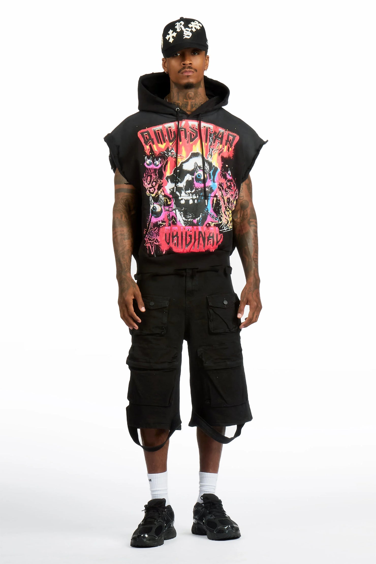 Styxx  Black Graphic Distressed Cut Sleeve Hoodie