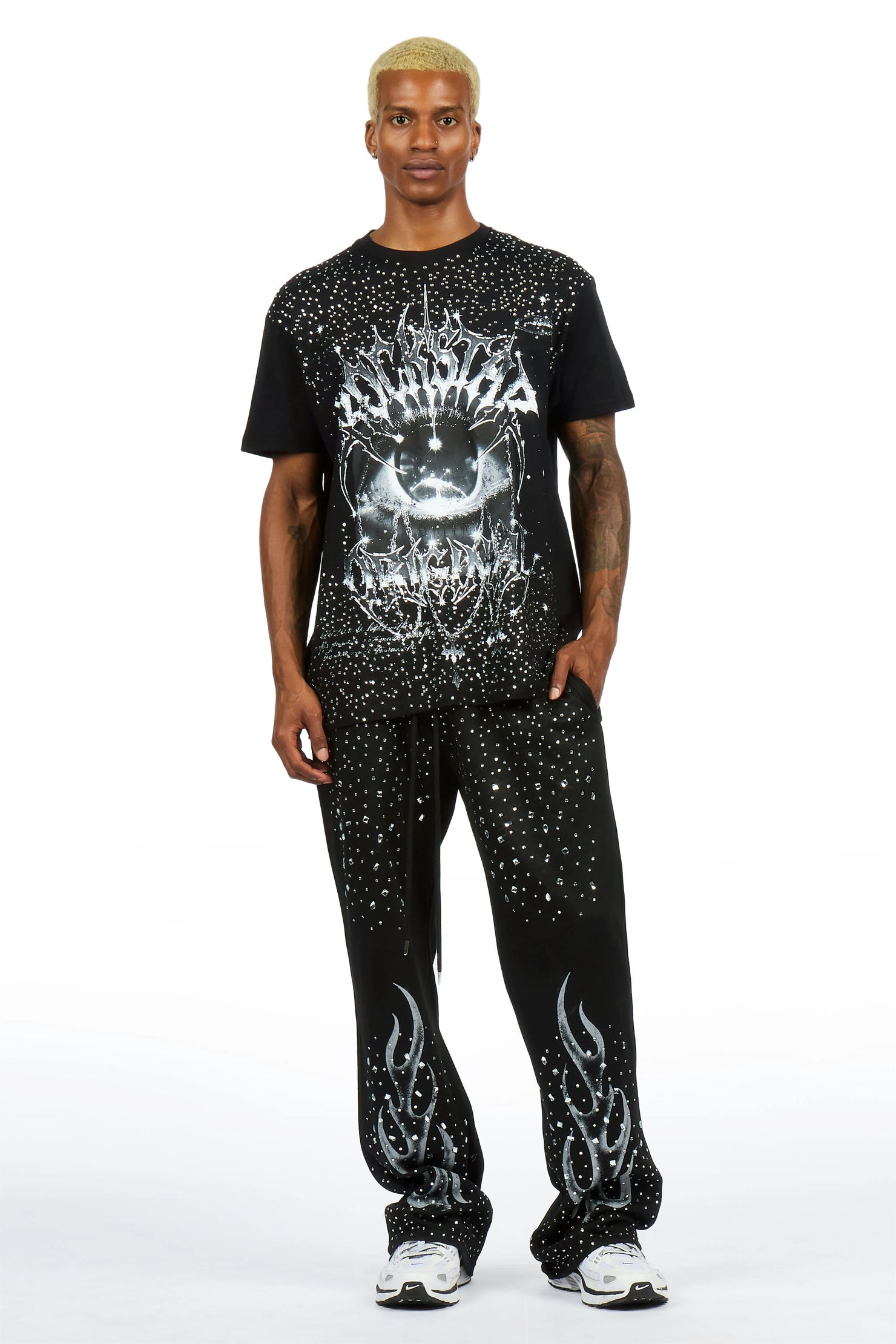 Malykz Black/Black Rhinestone T-shirt/Stacked Flare Track Pant Set