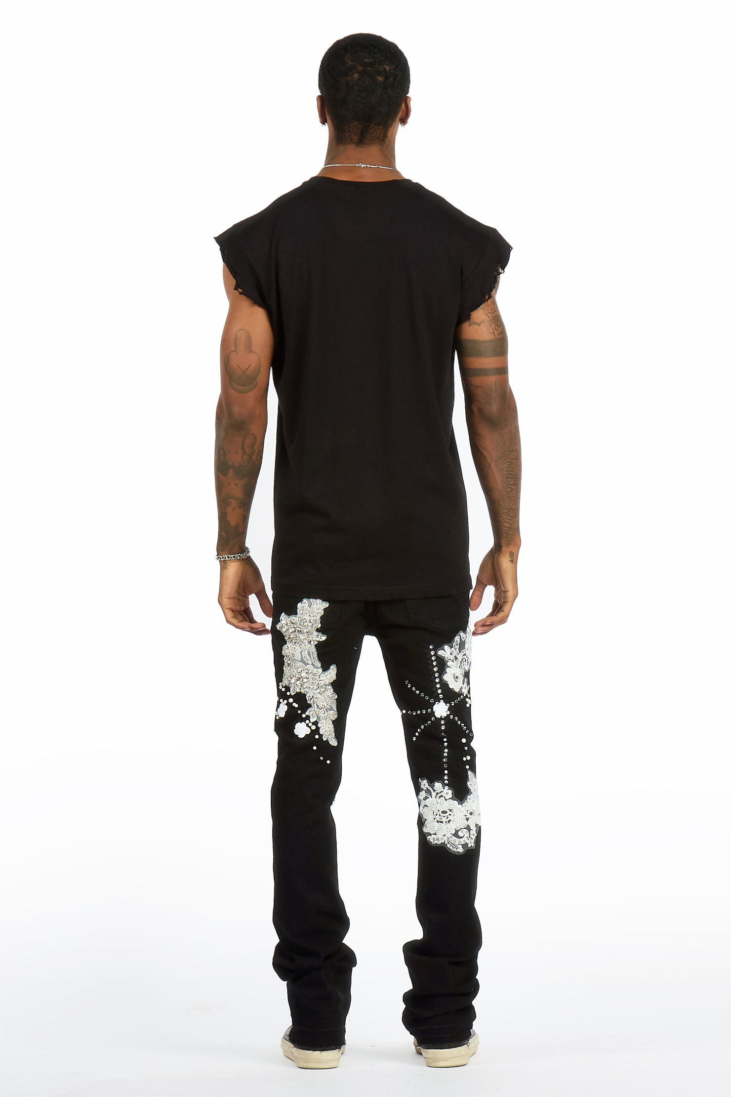 Yezen Black Rhinestone Stacked Fit Jean