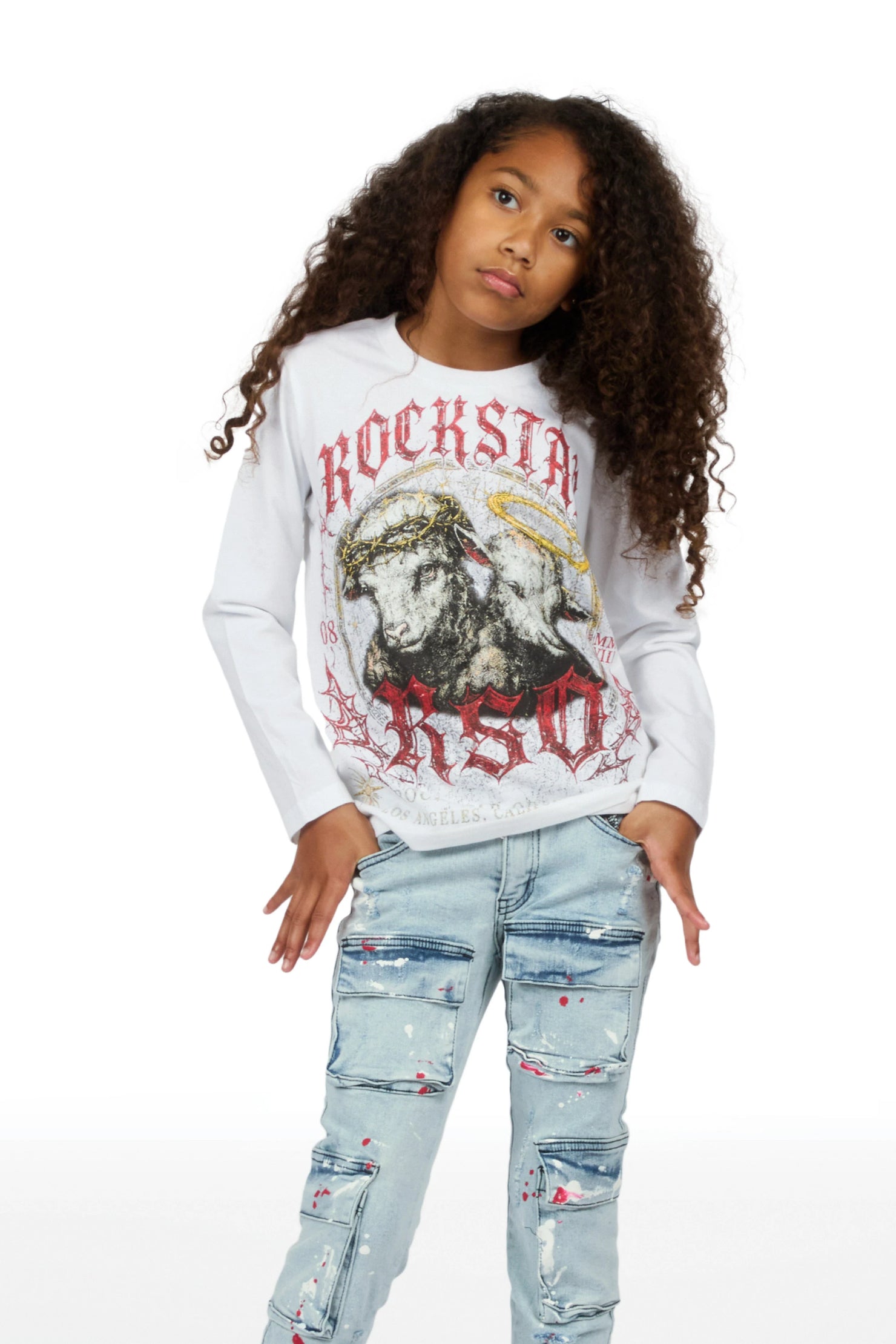 Girls Dezz White/Light Wash Long Sleeve T-Shirt Stacked Painter Jean Set