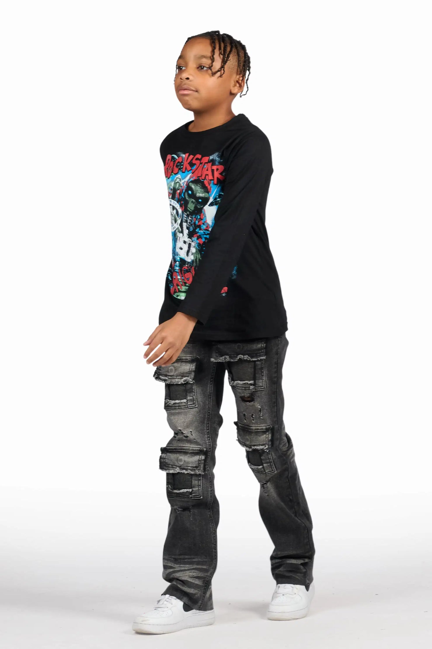 Boys Petrus Black Stacked Flare Jean