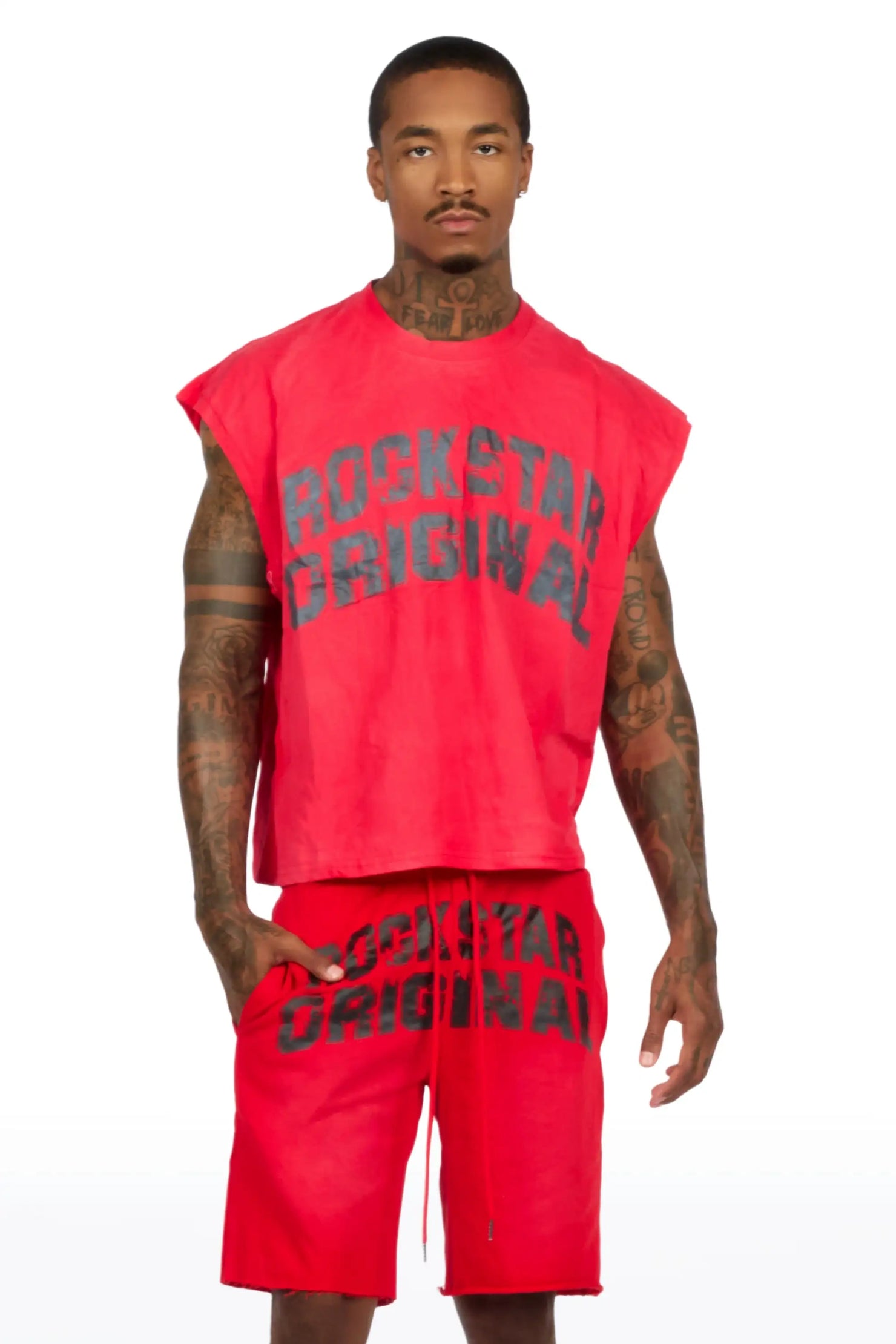 Tumo Red Cut Sleeve Crop Boxy Tee Short Set